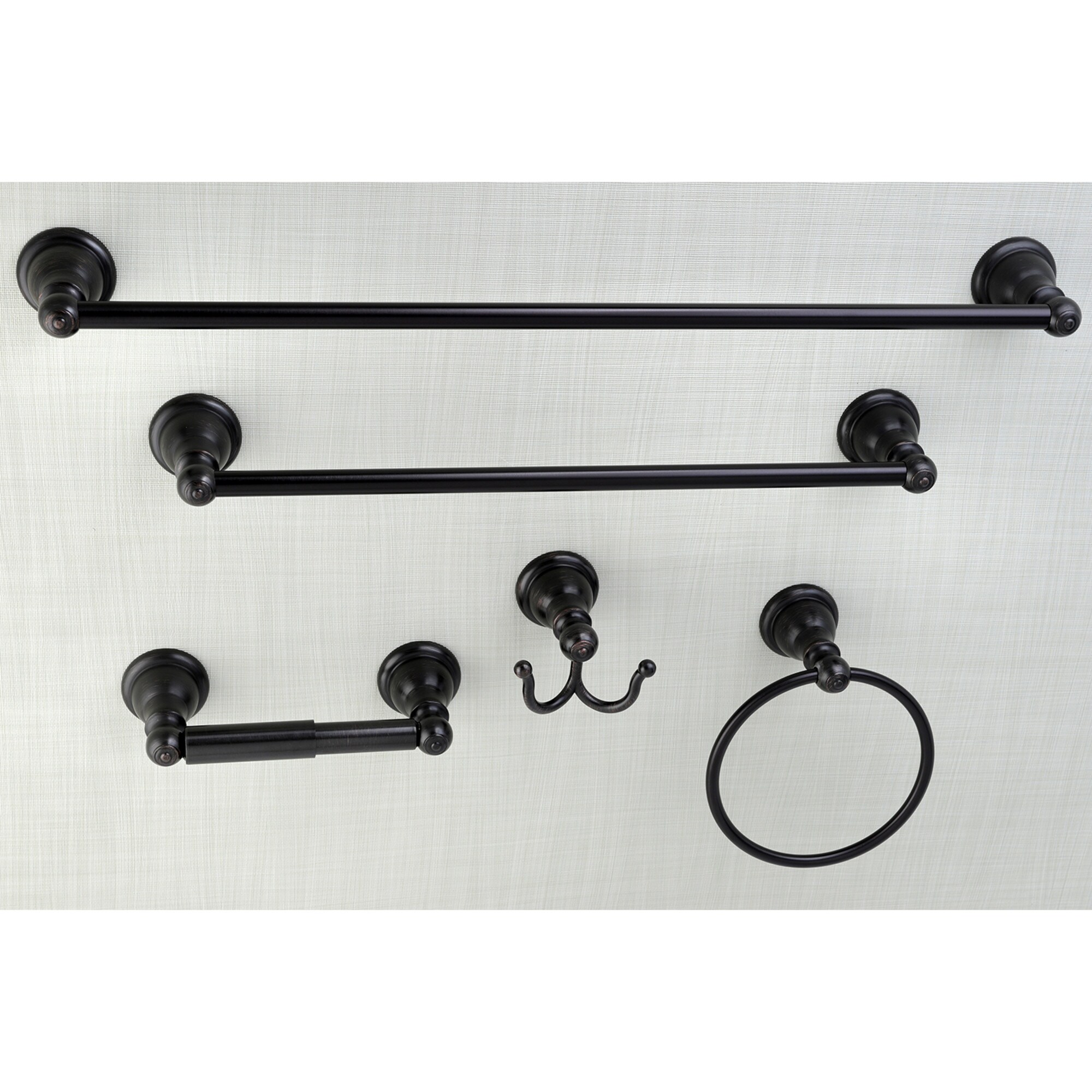 Juego de accesorios decorativos para baño Kingston Brass Santa Fe de 5 piezas en bronce aceitado - Incluye barra de toallas, portarrollos, argolla para toallas y gancho para batas.