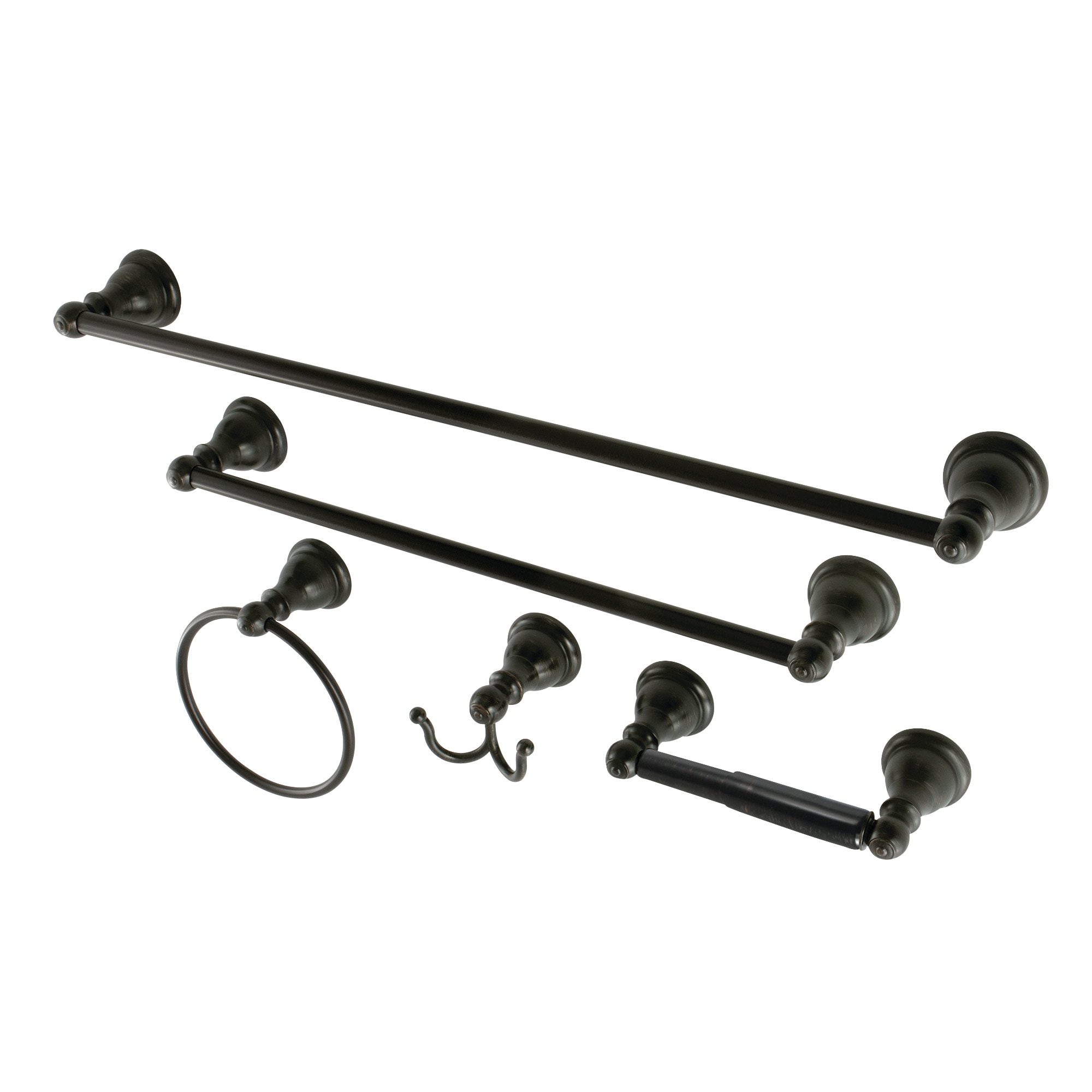 Juego de accesorios decorativos para baño Kingston Brass Santa Fe de 5 piezas en bronce aceitado - Incluye barra de toallas, portarrollos, argolla para toallas y gancho para batas.