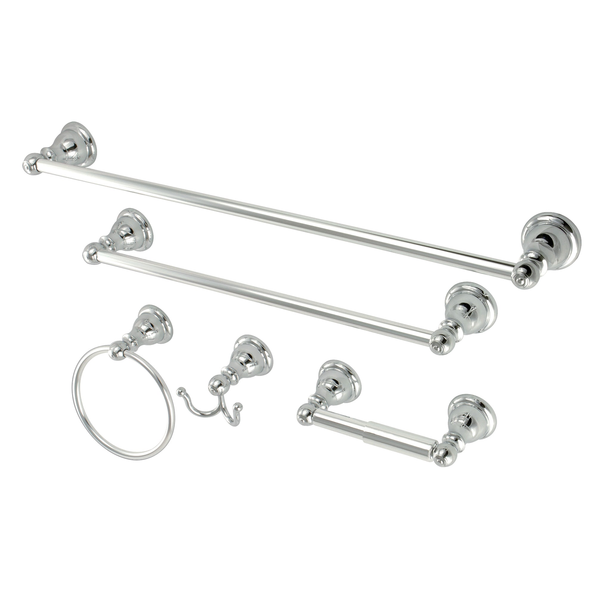 Juego de accesorios para baño Kingston Brass de 5 piezas en cromo pulido estilo Santa Fe: Barra de toalla, portarrollos, gancho para bata incluidos.