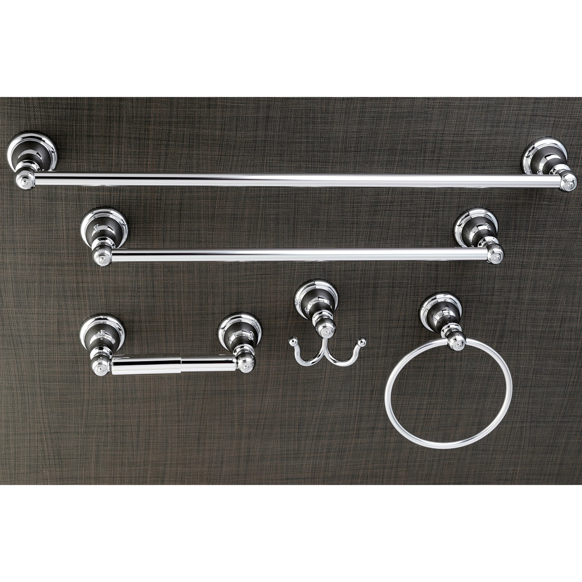 Juego de accesorios para baño Kingston Brass de 5 piezas en cromo pulido estilo Santa Fe: Barra de toalla, portarrollos, gancho para bata incluidos.
