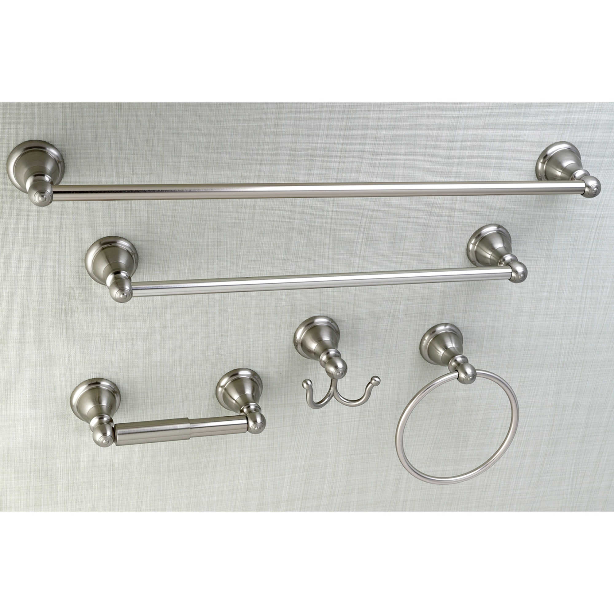 Juego de accesorios para baño de 5 piezas en níquel cepillado de estilo Santa Fe - Incluye barra de toallas, porta rollo de papel, argolla para toallas y gancho para batas