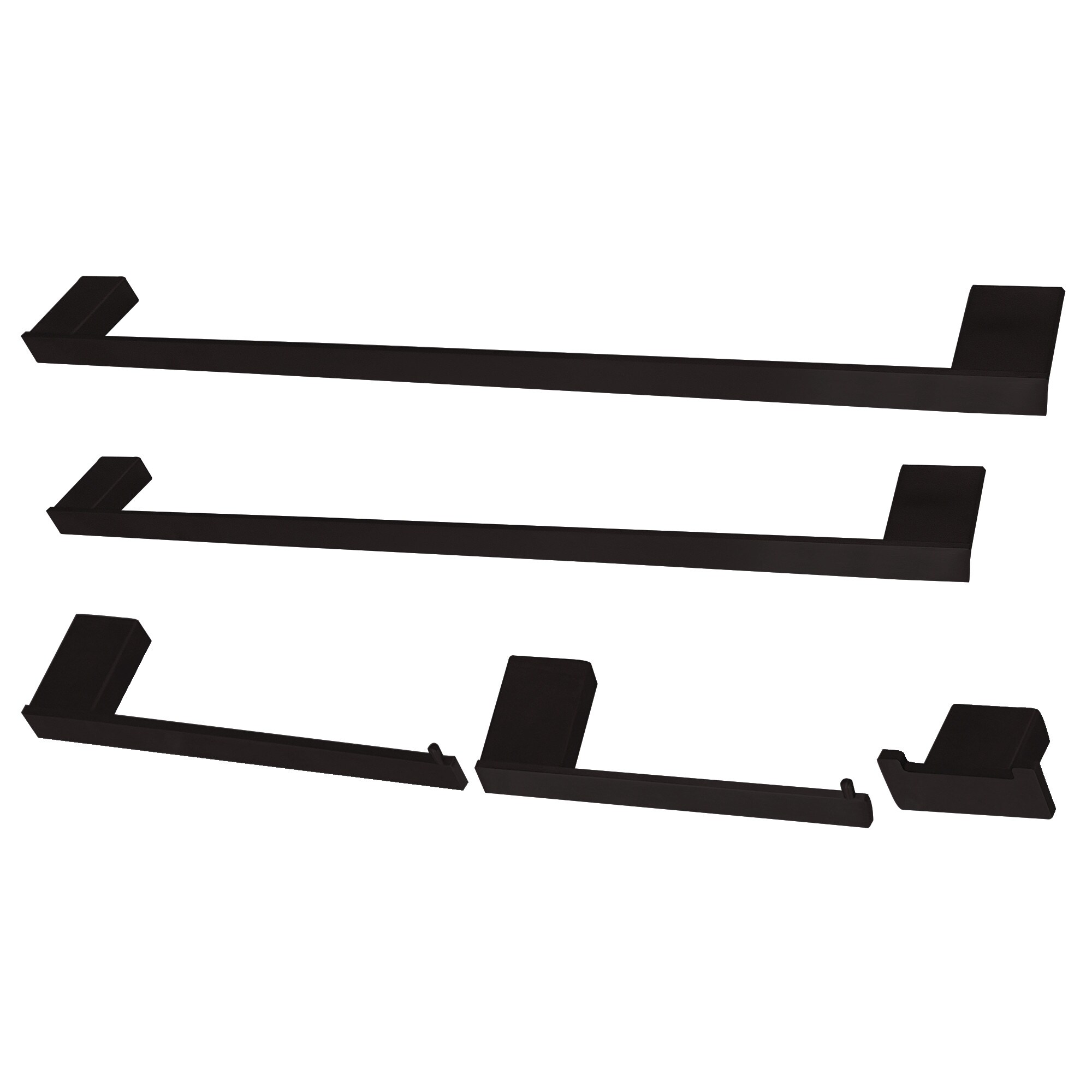 Juego de accesorios de baño decorativos en negro mate de 5 piezas Metzinger de Kingston Brass, que incluye barra de toallas, porta papel higiénico, argolla para toallas y gancho para batas.