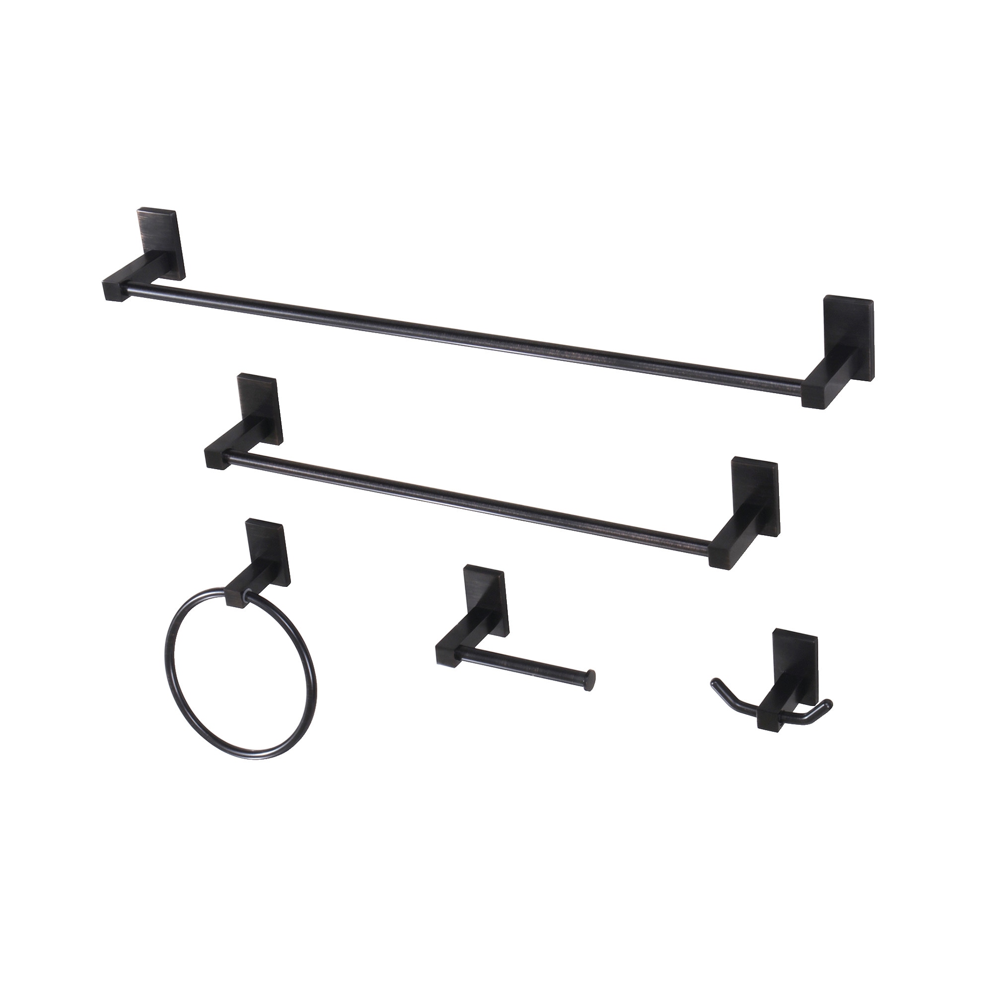 Juego de accesorios de baño decorativos en bronce envejecido de 5 piezas de Kingston Brass: barra de toallas, porta papel higiénico, argolla de toalla y gancho para bata incluidos.