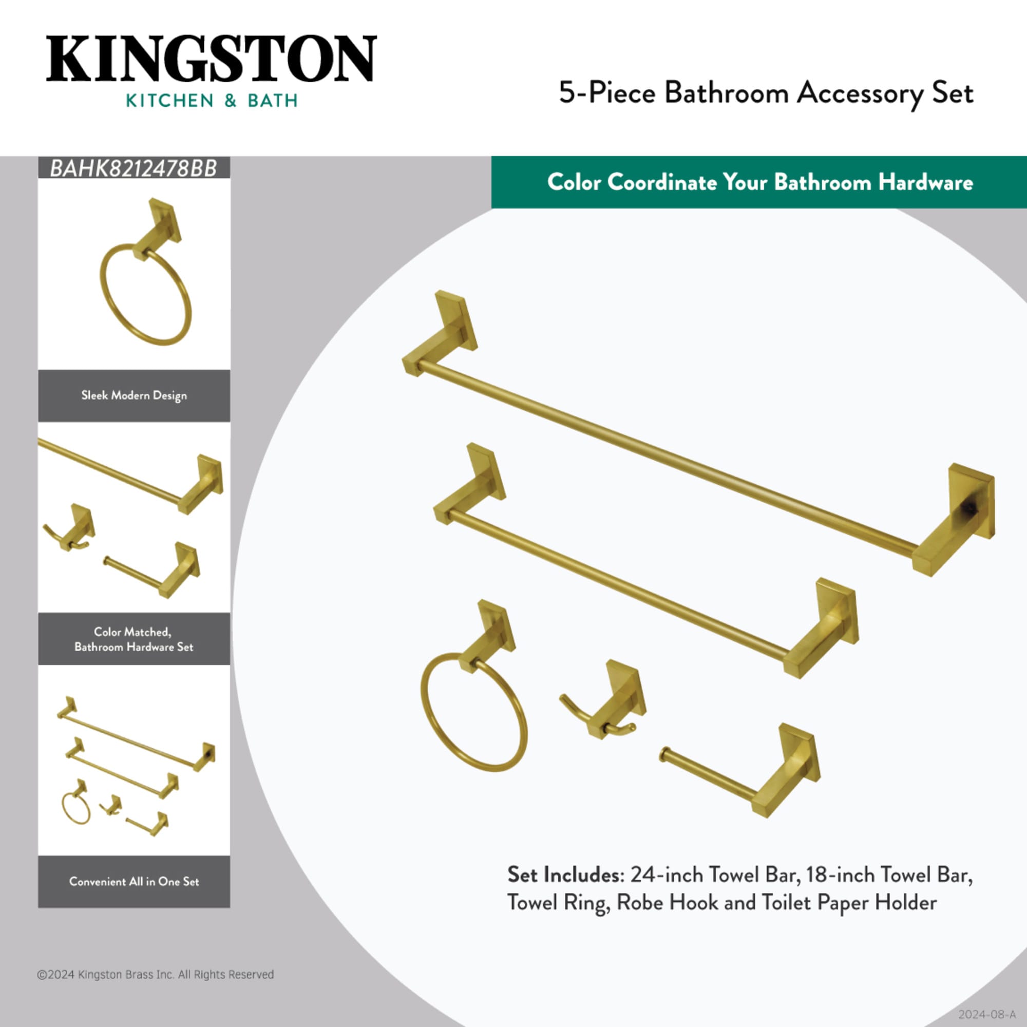 Juego de Baño Decorativo de 5 Piezas en Cromo Pulido Continental de Kingston Brass - Incluye Barra de Toallas, Porta Papel Higiénico, Argolla de Toalla y Gancho para Bata WLBAHK8212478C