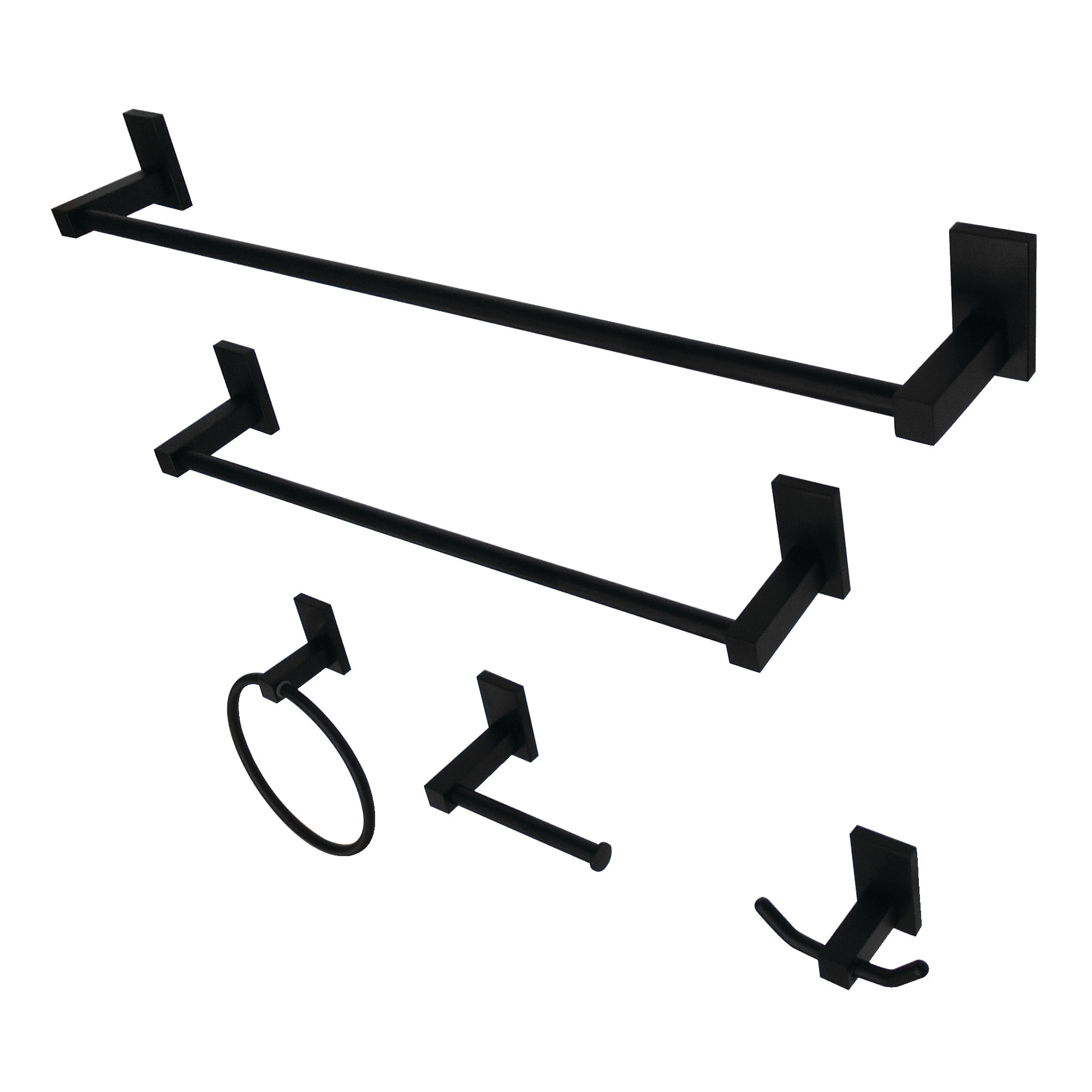 Juego de accesorios de baño decorativos en negro mate estilo continental de 5 piezas Kingston Brass: Barra para toallas, porta papel higiénico, argolla para toallas y gancho para batas incluidos.