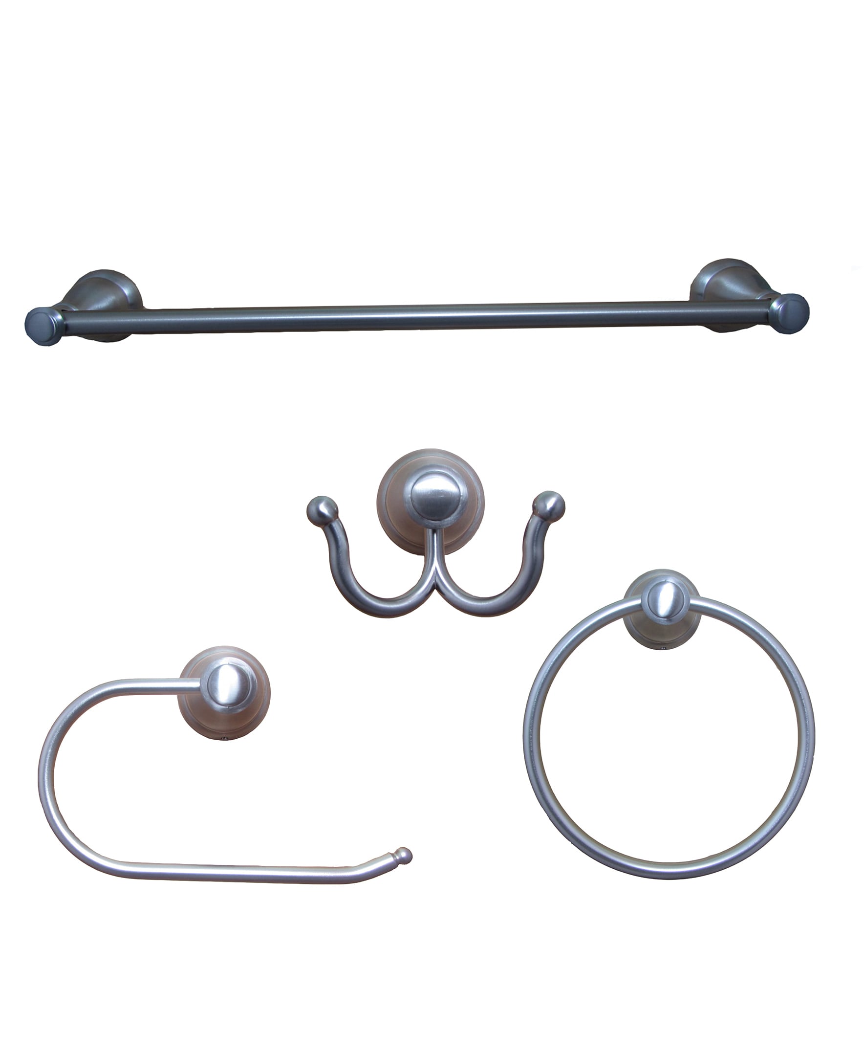 Juego de accesorios decorativos para baño de níquel cepillado de 4 piezas ARISTA Castilla: Barra de toallas, portarrollos, argolla de toallas y gancho para batas incluidos 5902-4SET-BN