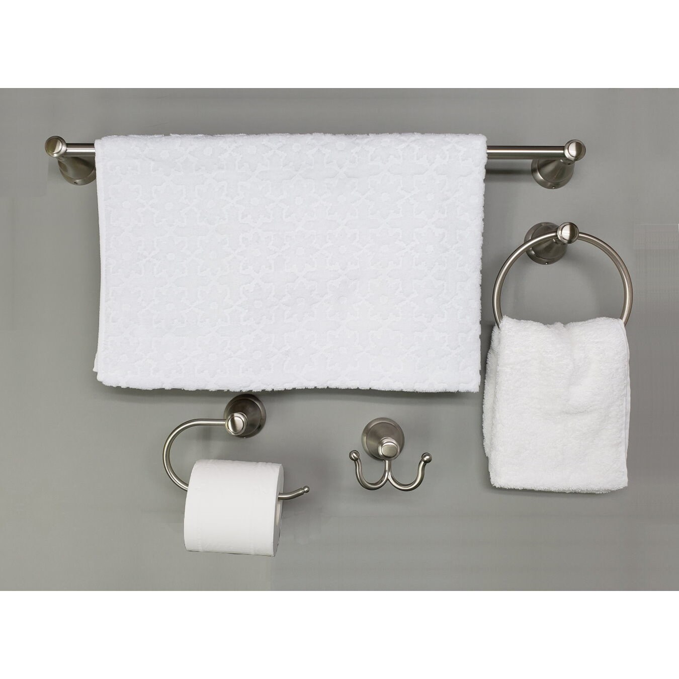 Juego de accesorios decorativos para baño de níquel cepillado de 4 piezas ARISTA Castilla: Barra de toallas, portarrollos, argolla de toallas y gancho para batas incluidos 5902-4SET-BN