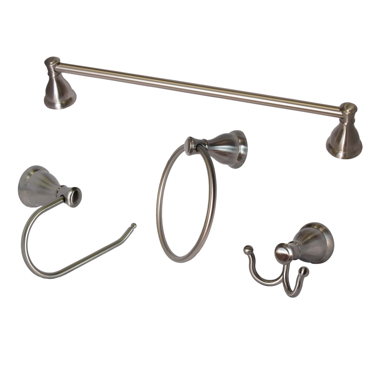 Juego de accesorios decorativos para baño de níquel cepillado de 4 piezas ARISTA Castilla: Barra de toallas, portarrollos, argolla de toallas y gancho para batas incluidos 5902-4SET-BN