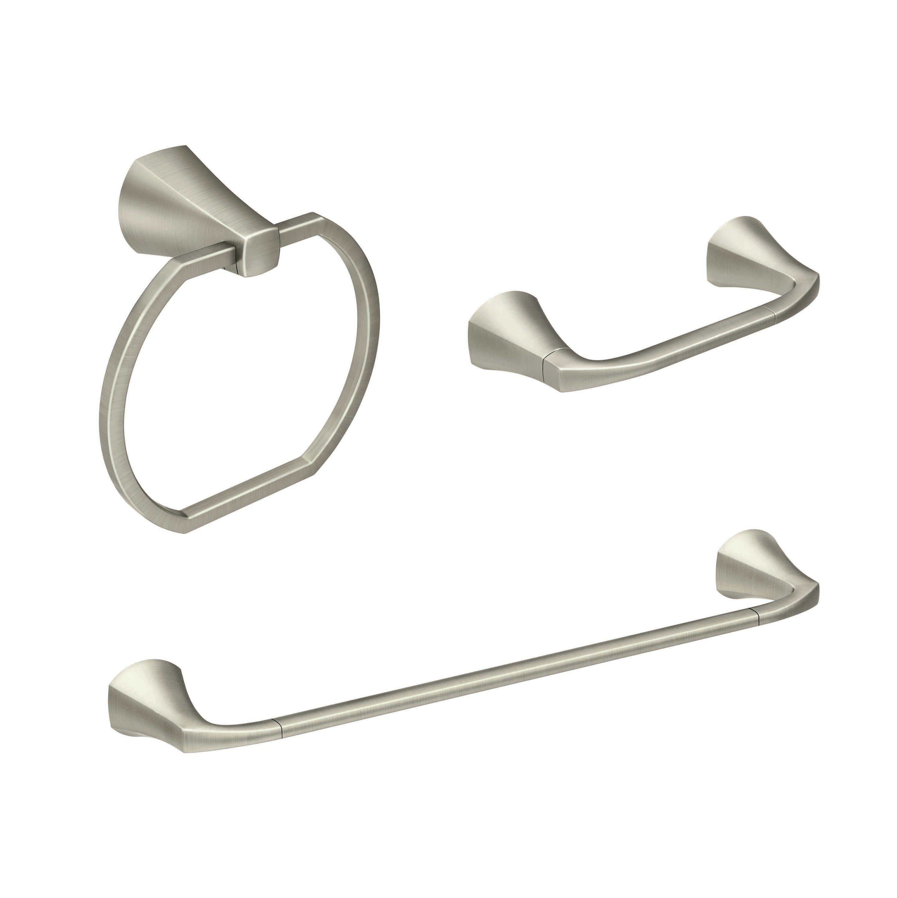Juego de accesorios de baño decorativos de tres piezas Lindor en níquel cepillado de Moen - Barra de toallas, portarrollos y argolla de toallas incluidos MY8793BN