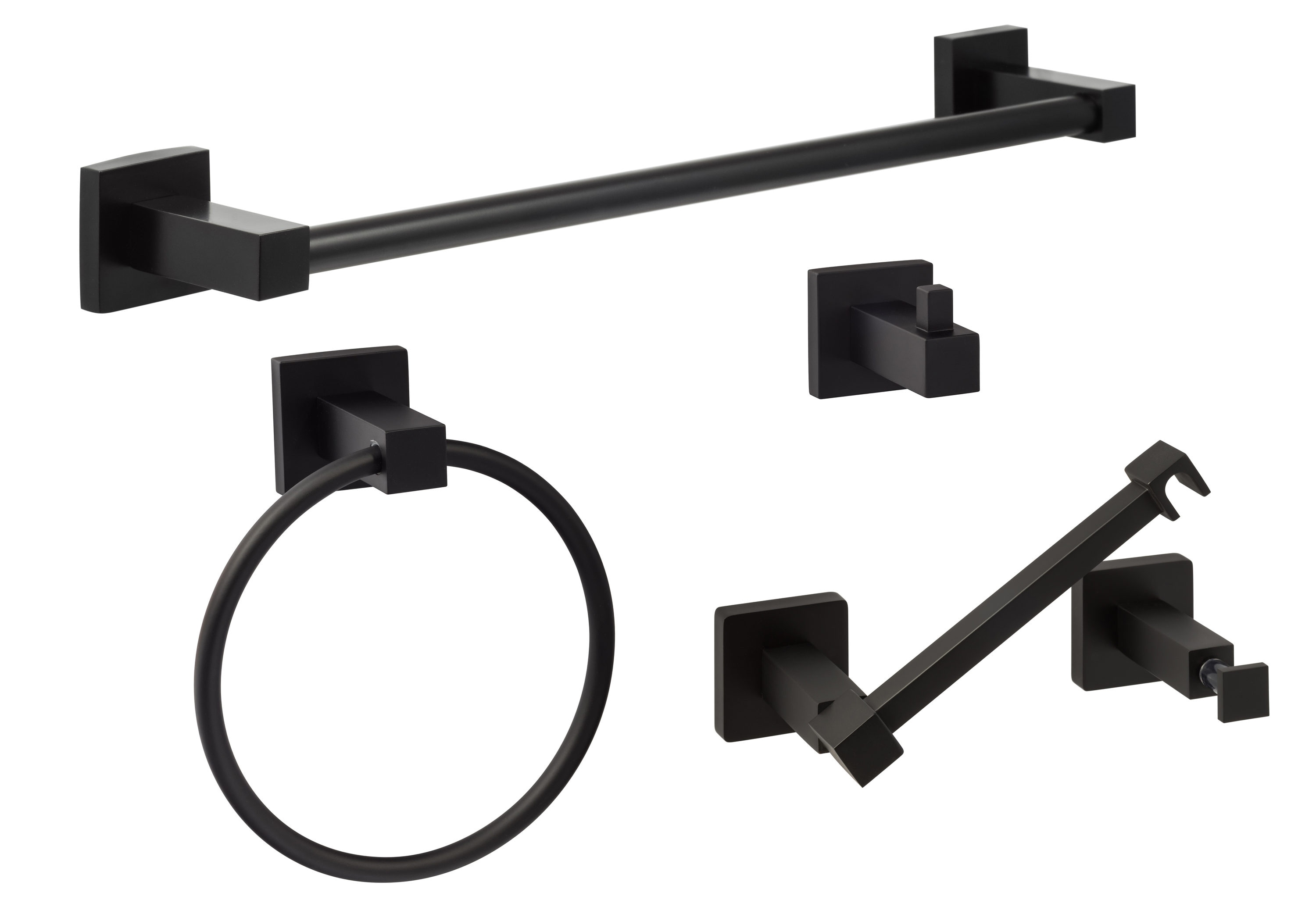 Juego de accesorios de baño decorativos Sure-Loc Hardware en negro mate de 4 piezas Baden: barra de toalla, porta papel higiénico, argolla de toalla, gancho para bata incluido. BD-SET PH2 FBL.