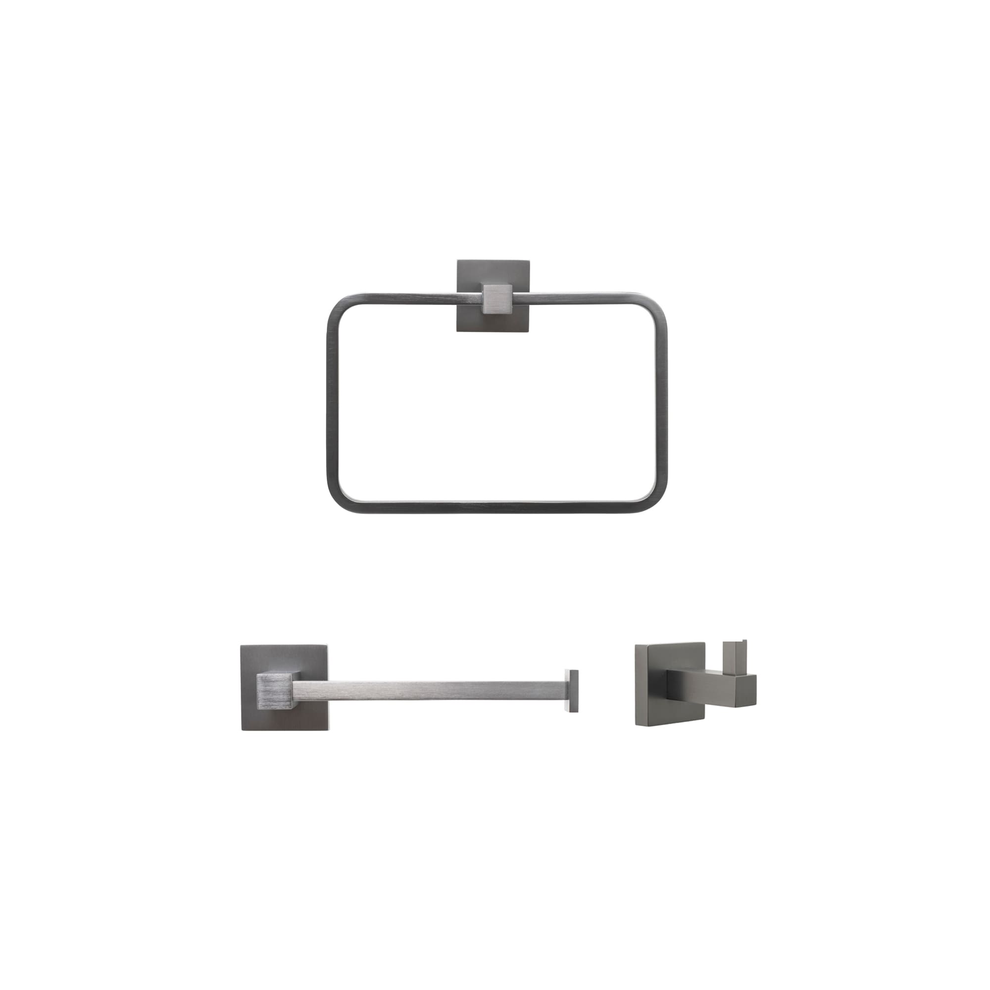 Juego de Accesorios de Baño Decorativo en Gunmetal de 3 Piezas Catania, Incluye Porta Papel Higiénico, Argolla de Toalla y Gancho para Bata