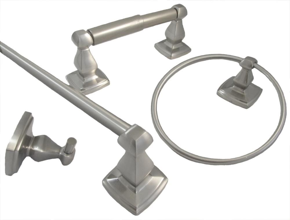Juego de Accesorios Decorativos para Baño de 4 Piezas en Níquel Satinado Algoma ARISTA - Barra de Toalla, Porta Papel, Anillo de Toalla y Gancho para Bata incluidos BA3202-4PCS-KIT-SN