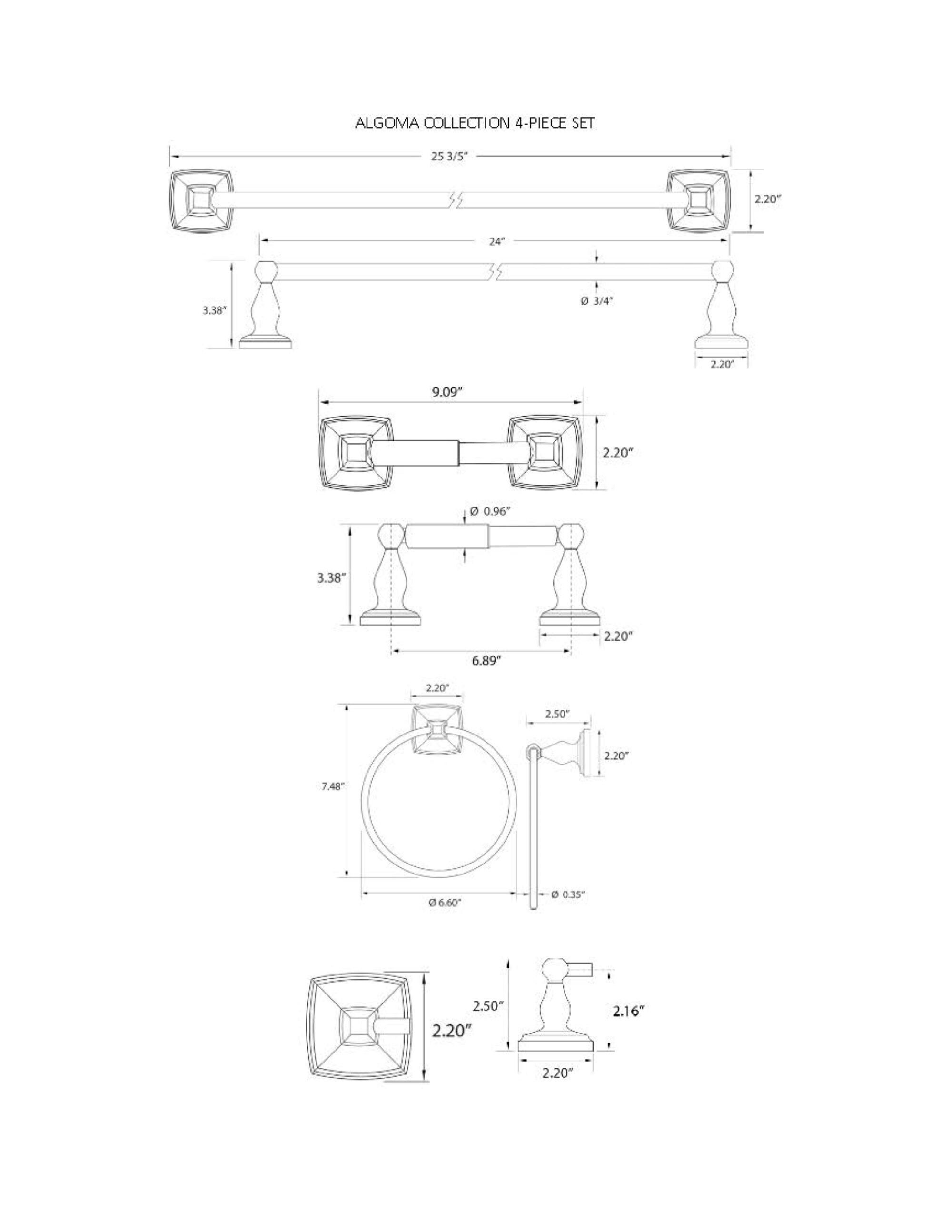 Juego de Accesorios Decorativos para Baño de 4 Piezas en Níquel Satinado Algoma ARISTA - Barra de Toalla, Porta Papel, Anillo de Toalla y Gancho para Bata incluidos BA3202-4PCS-KIT-SN