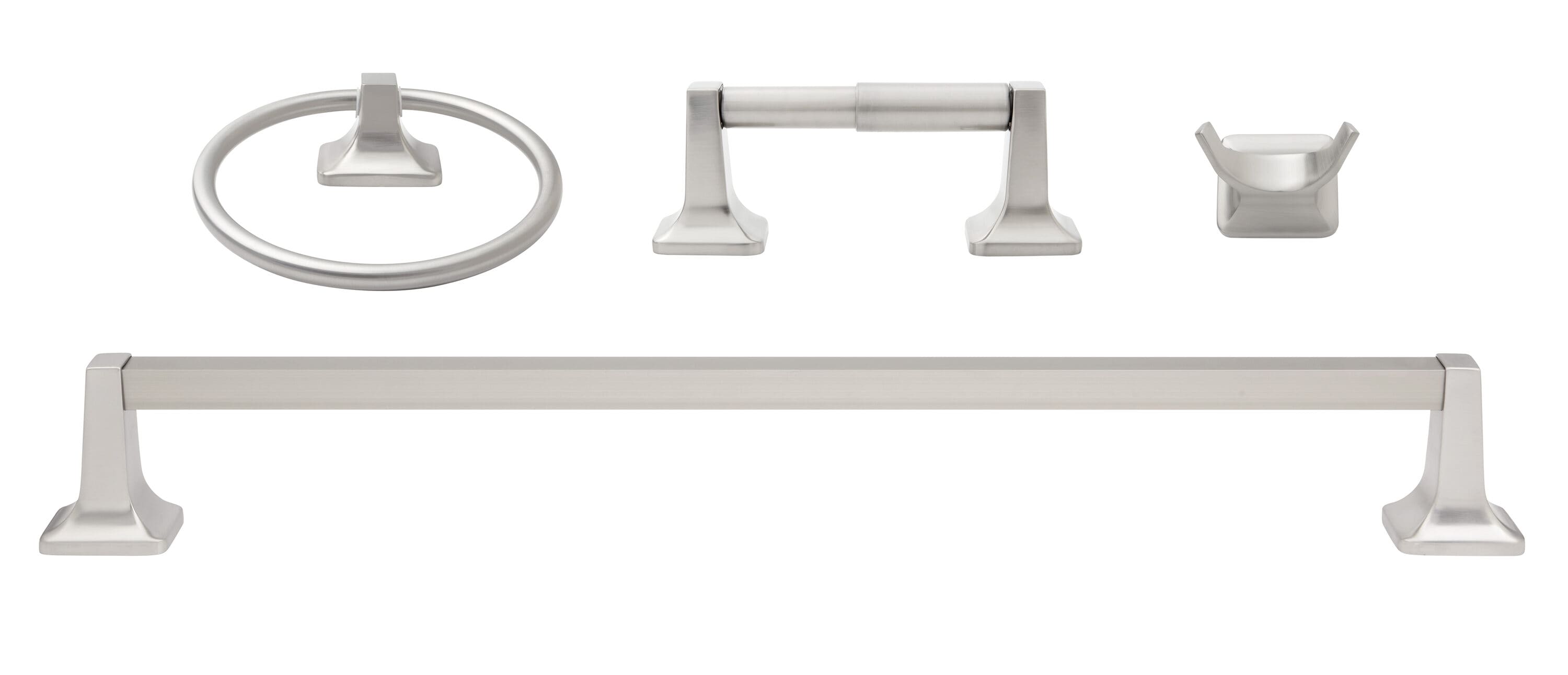 Juego de accesorios decorativos para baño en níquel cepillado de 4 piezas: Barra para toallas, portarrollos de papel higiénico, anillo para toallas y gancho para batas incluidos