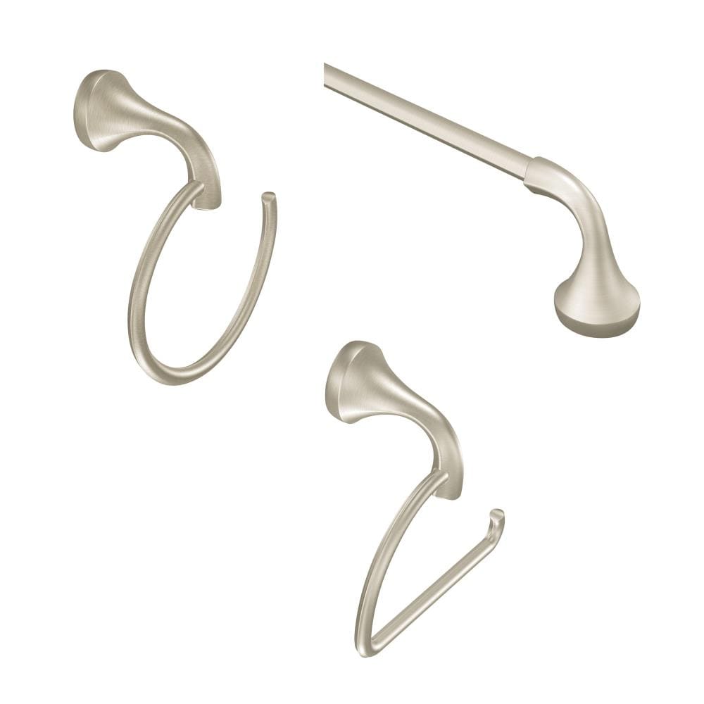 Juego de accesorios decorativos para baño de 3 piezas en níquel cepillado Moen Eva: Barra para toallas, portarrollos y argolla para toallas (Incluye YB28BN-KIT)