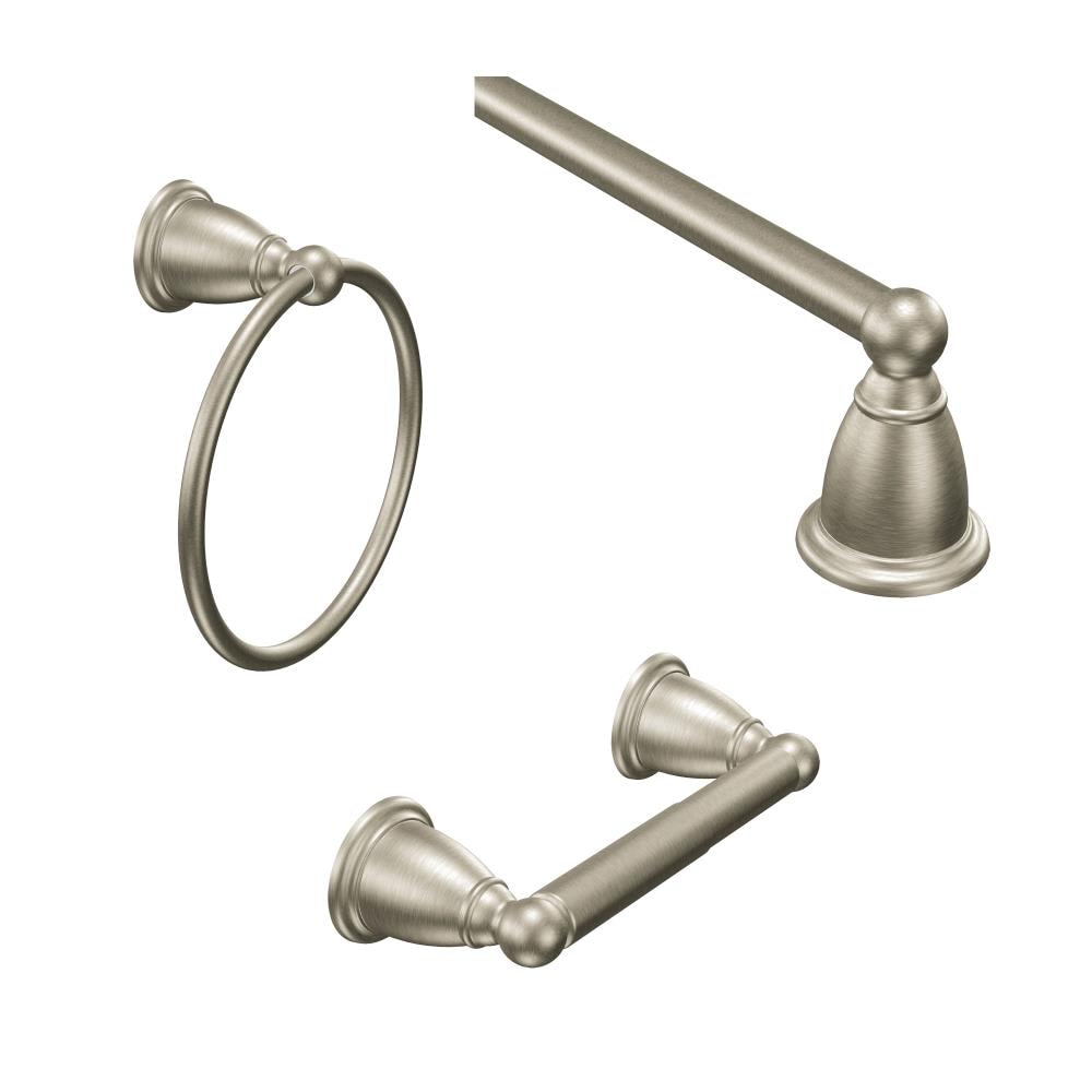 Juego de Accesorios para Baño Decorativo de Nickel Cepillado de 3 Piezas Moen Brantford - Barra de Toallas, Porta Rollos de Papel Higiénico, Anillo de Toallas incluidos YB22BN-KIT.