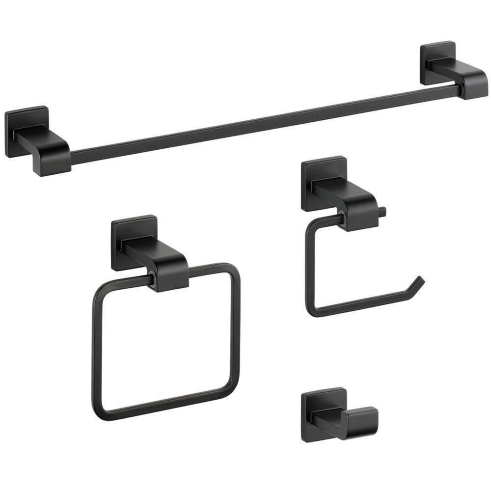 Juego de accesorios de baño decorativos Delta Ara Mate Negro de 4 piezas - Barra para toallas, porta papel higiénico, anillo para toallas, gancho para batas incluidos ARA64-MB-VK