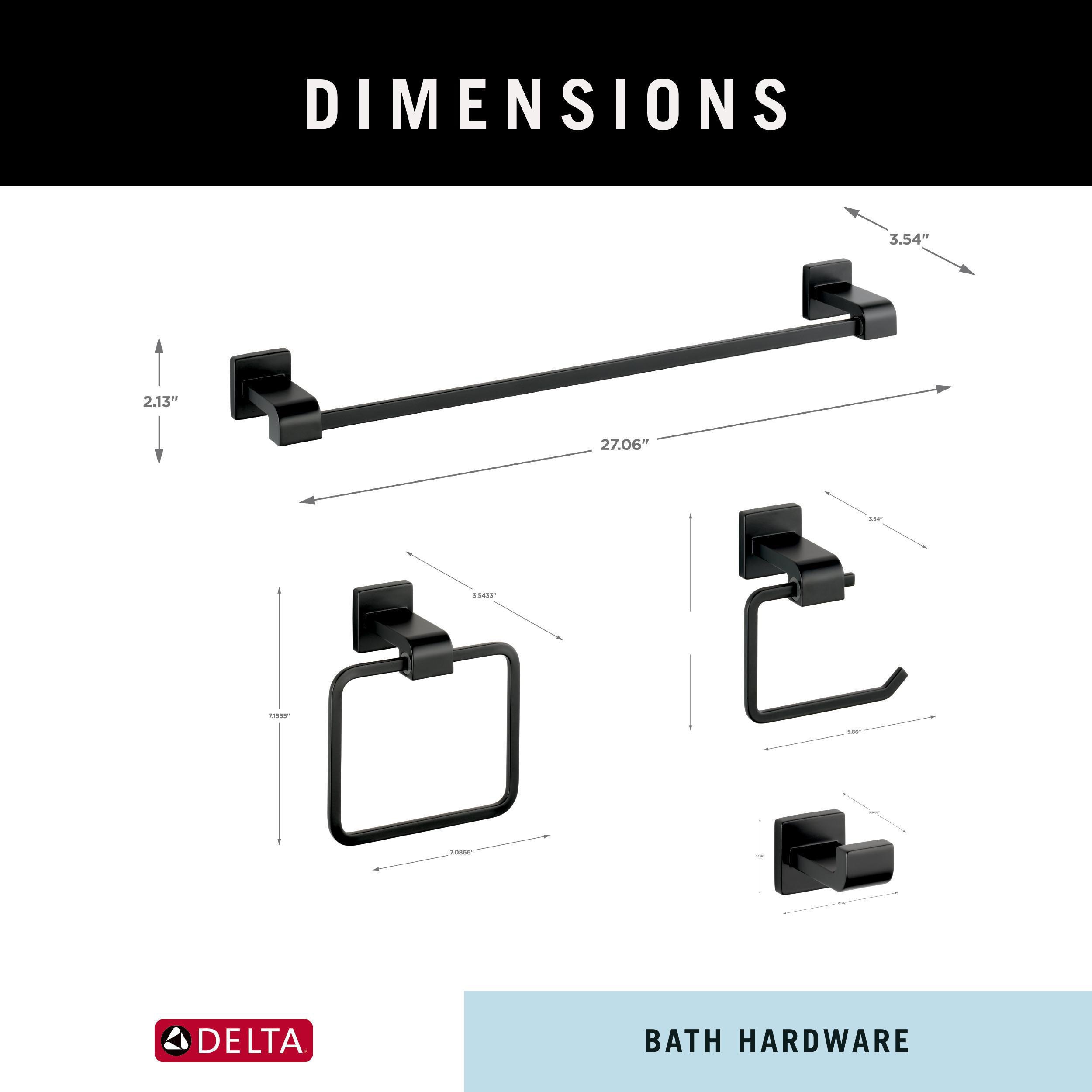 Juego de accesorios de baño decorativos Delta Ara Mate Negro de 4 piezas - Barra para toallas, porta papel higiénico, anillo para toallas, gancho para batas incluidos ARA64-MB-VK