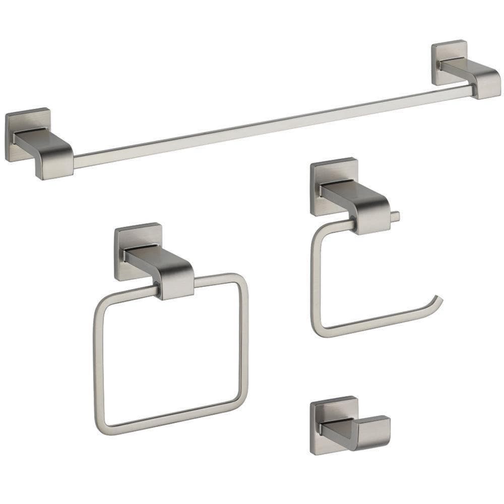 Juego de Accesorios de Baño Decorativos de Acero Inoxidable Delta Ara de 4 Piezas con Barra de Toalla, Porta Papel de Baño, Anillo de Toalla y Gancho para Bata incluidos ARA64-SS-VK