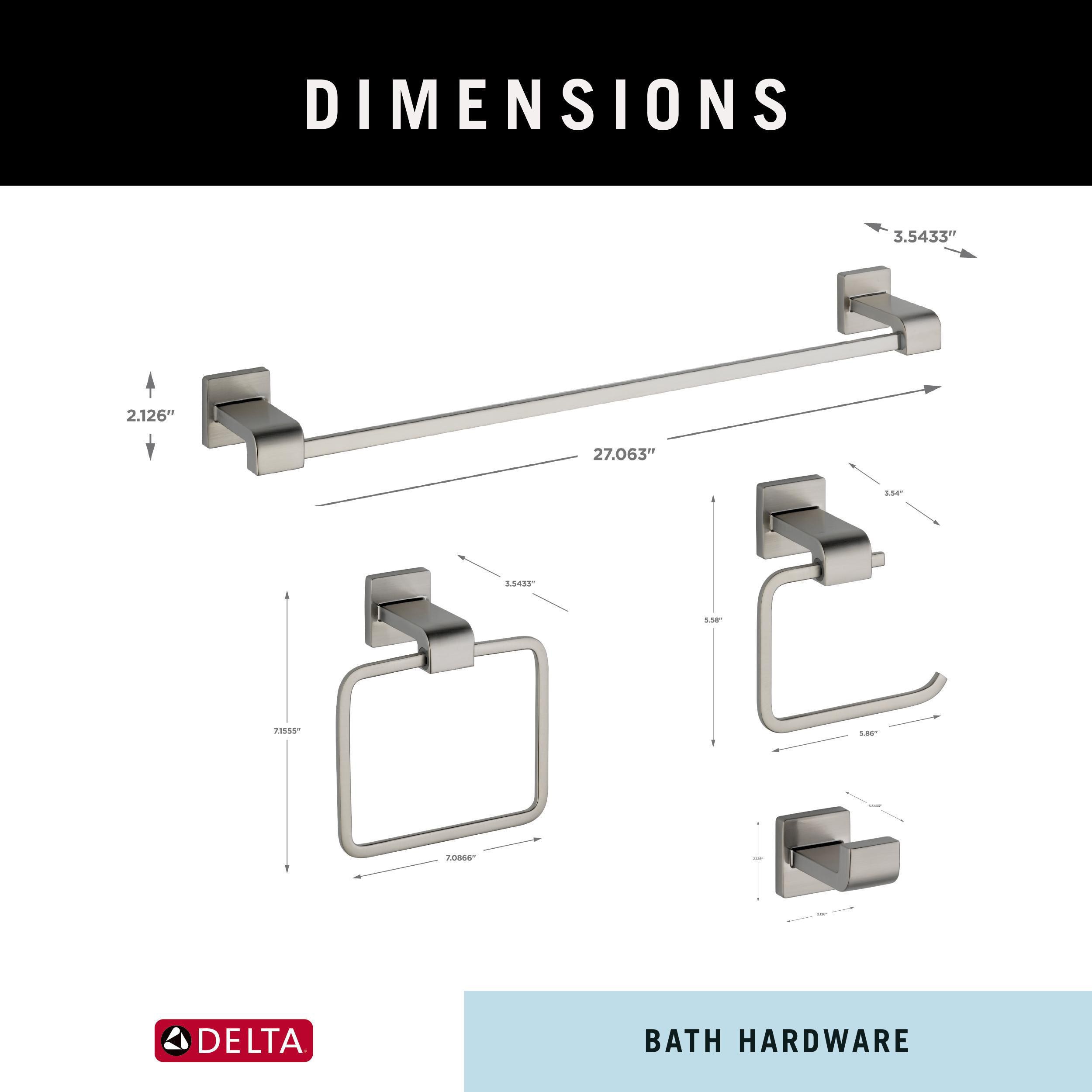 Juego de Accesorios de Baño Decorativos de Acero Inoxidable Delta Ara de 4 Piezas con Barra de Toalla, Porta Papel de Baño, Anillo de Toalla y Gancho para Bata incluidos ARA64-SS-VK