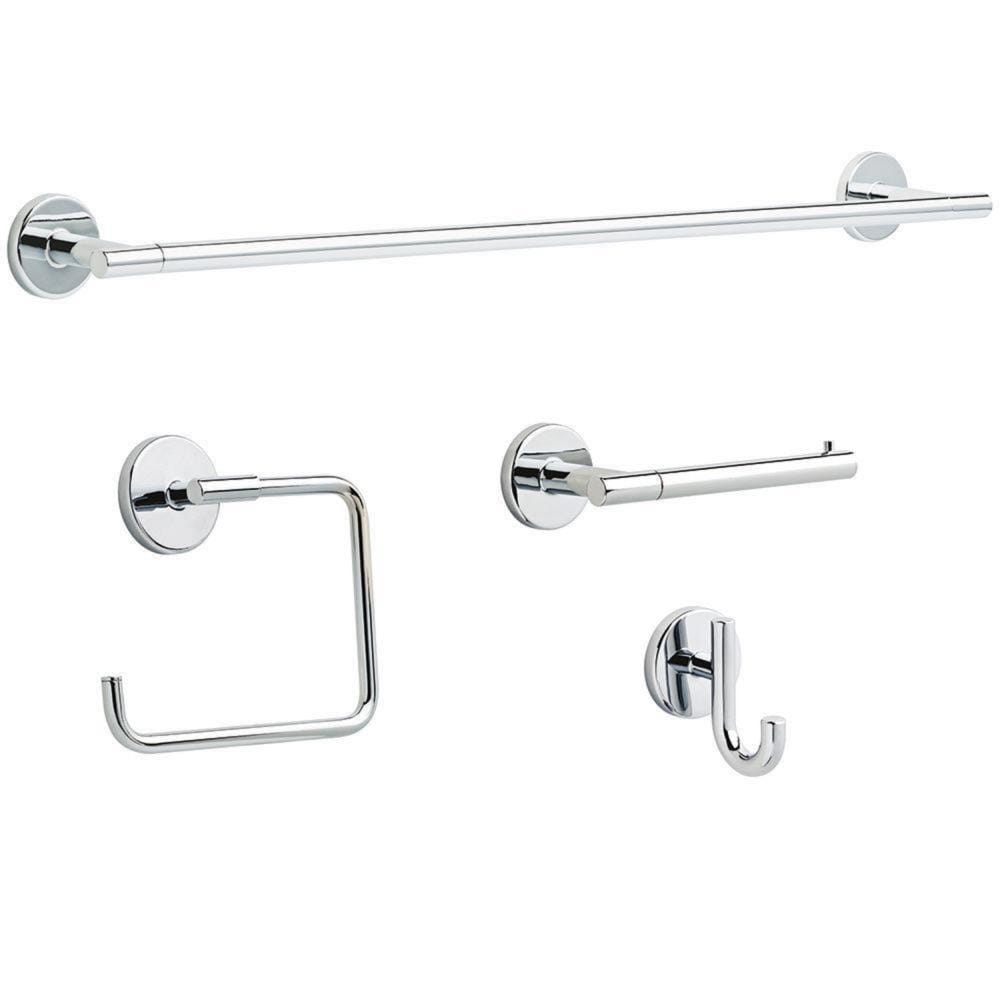 Juego de accesorios para baño Delta de 4 piezas Trinsic en cromo pulido - Incluye barra de toalla, portarrollos, argolla de toalla y gancho para batas TRN64-PC-VK