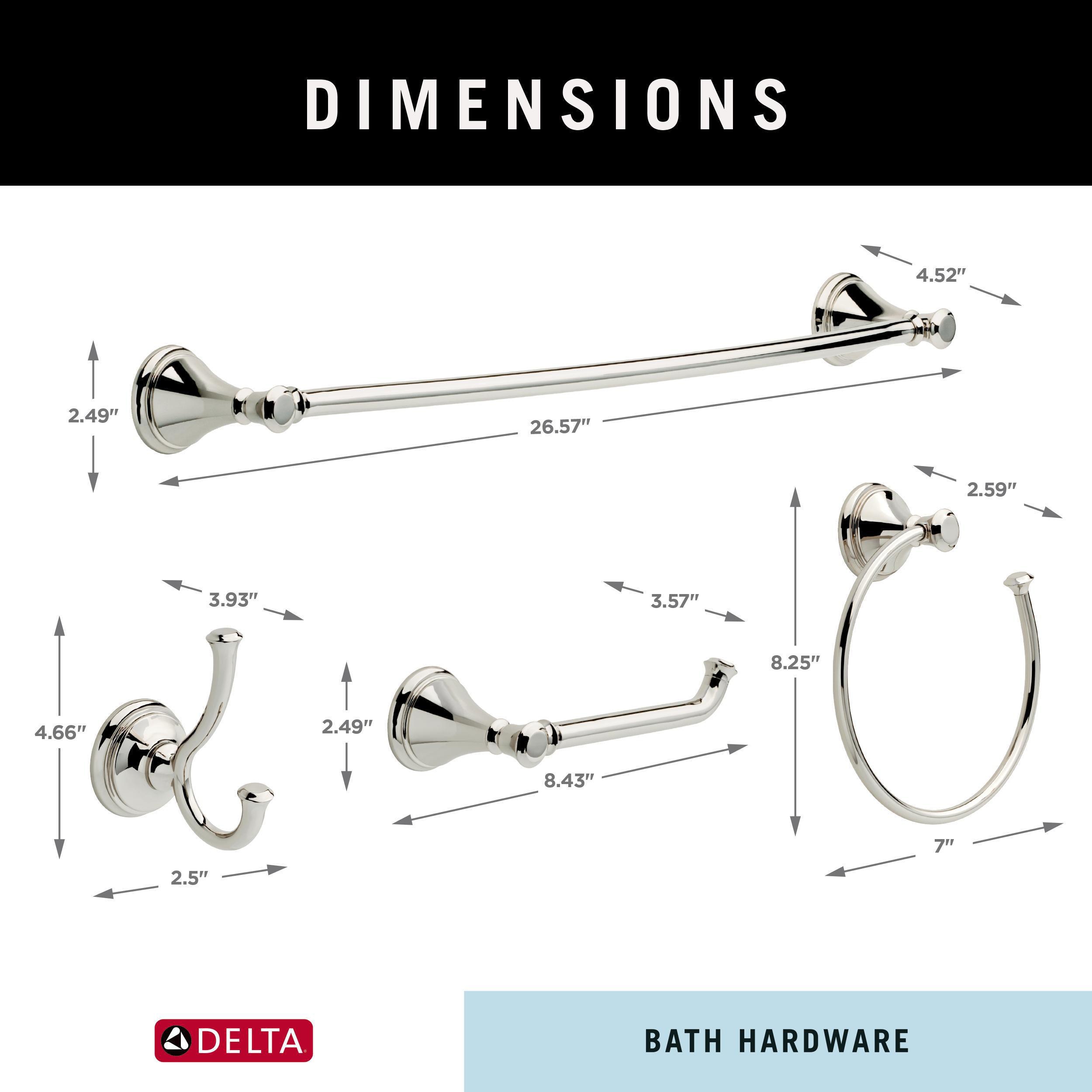 Juego de Accesorios de Baño Decorativos en Níquel Pulido de 4 Piezas Delta Cassidy - Barra de Toallas, Porta Papel Higiénico, Anillo de Toalla, Gancho para Batas incluidos CSS63-PN-K4