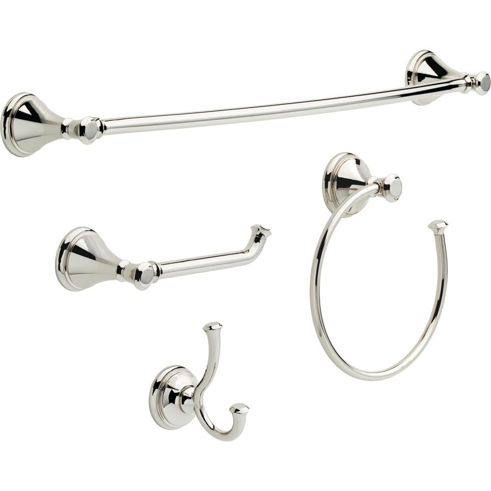 Juego de Accesorios de Baño Decorativos en Níquel Pulido de 4 Piezas Delta Cassidy - Barra de Toallas, Porta Papel Higiénico, Anillo de Toalla, Gancho para Batas incluidos CSS63-PN-K4