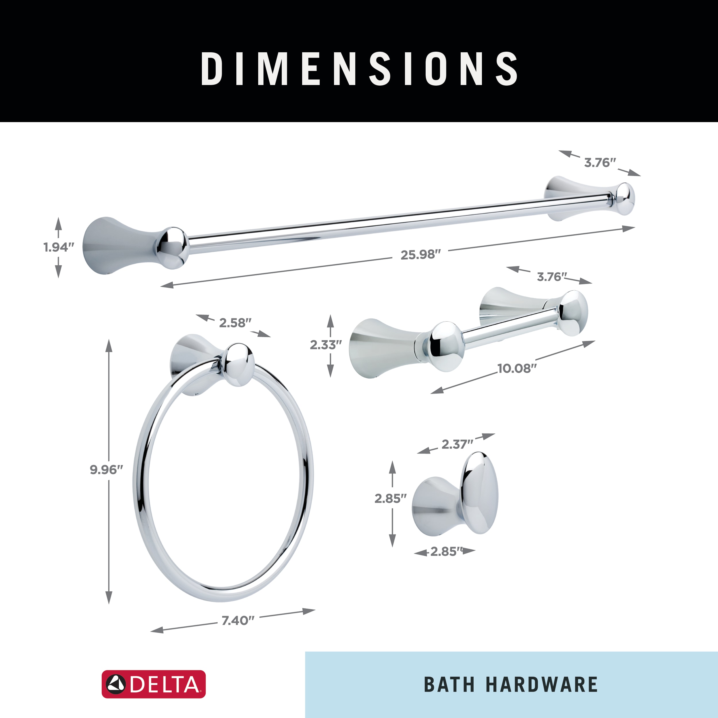Juego de Accesorios de Baño Decorativos Lahara de 4 Piezas en Cromo Pulido de Delta - Incluye Barra de Toallas, Porta Papel de Baño, Argolla de Toallas y Gancho para Batas LAH64-PC-VK