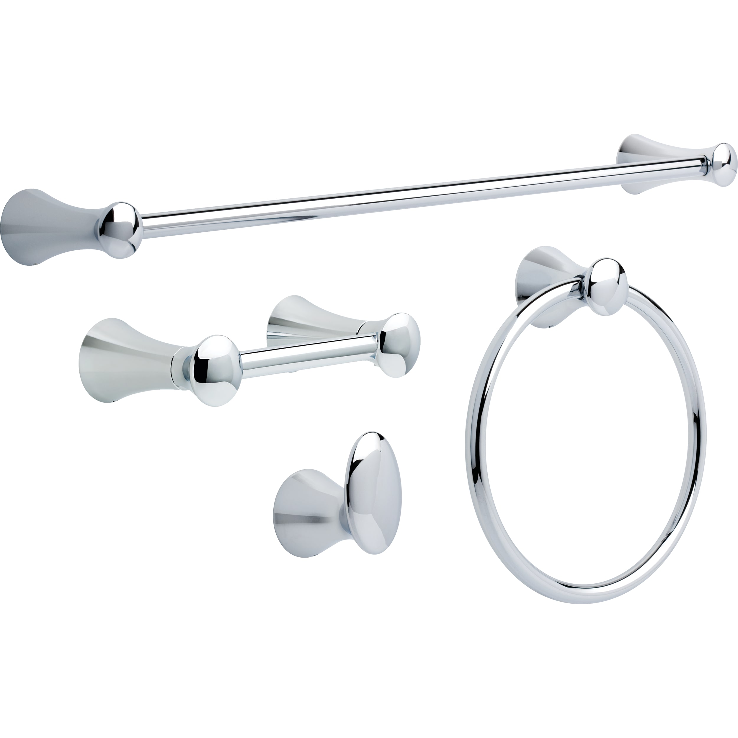 Juego de Accesorios de Baño Decorativos Lahara de 4 Piezas en Cromo Pulido de Delta - Incluye Barra de Toallas, Porta Papel de Baño, Argolla de Toallas y Gancho para Batas LAH64-PC-VK