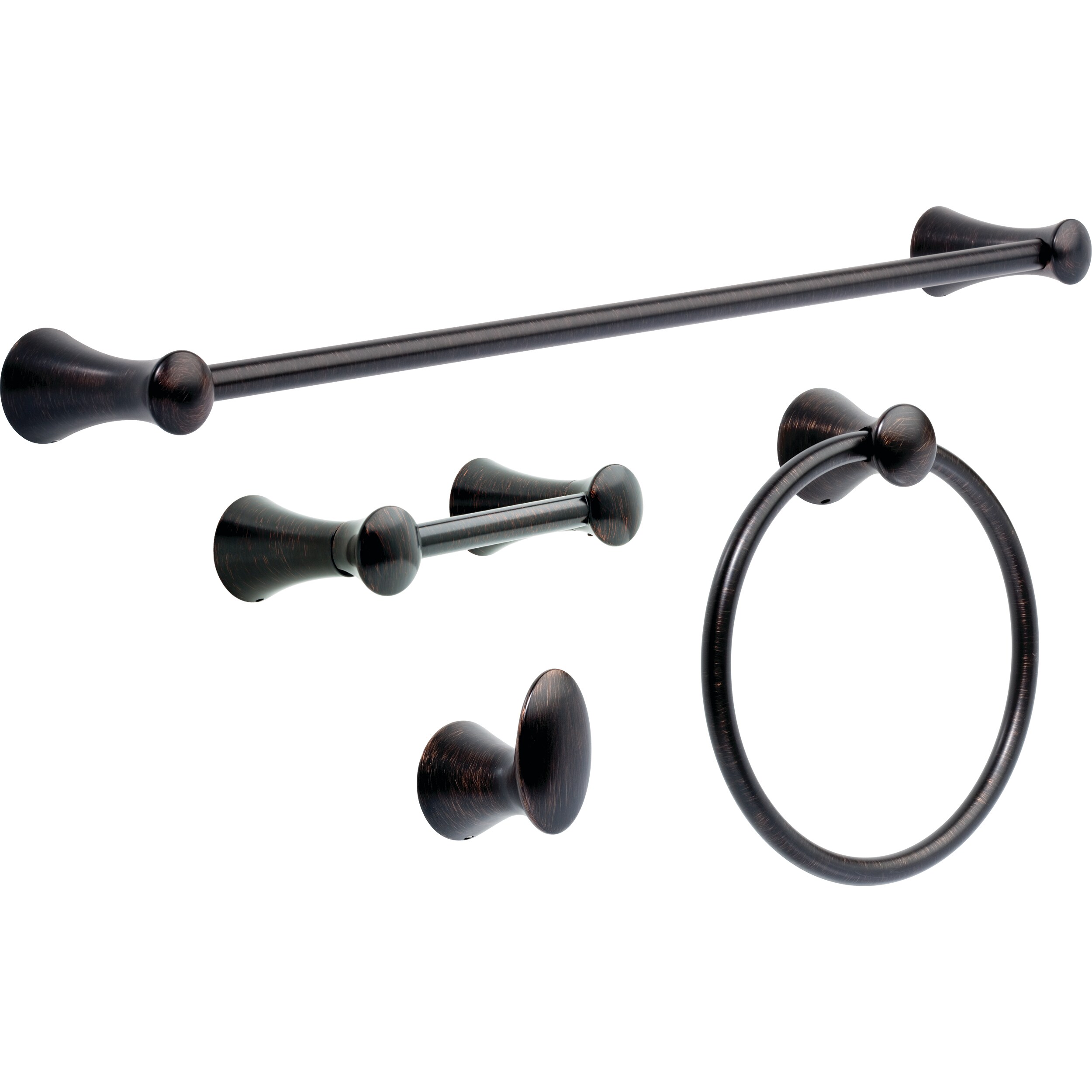 Set de 4 piezas de accesorios decorativos para baño en bronce veneciano Lahara. Incluye barra de toallas, portarrollos, argolla para toallas y gancho para batas.