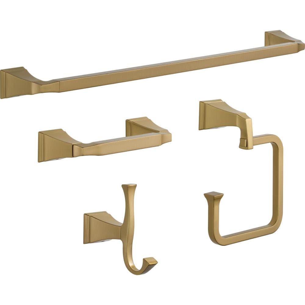Juego de Accesorios Decorativos para Baño en Bronce Champán de 4 Piezas modelo Delta Dryden: Barra de Toallas, Porta Papel, Anillo de Toallas y Gancho para Batas incluidos.