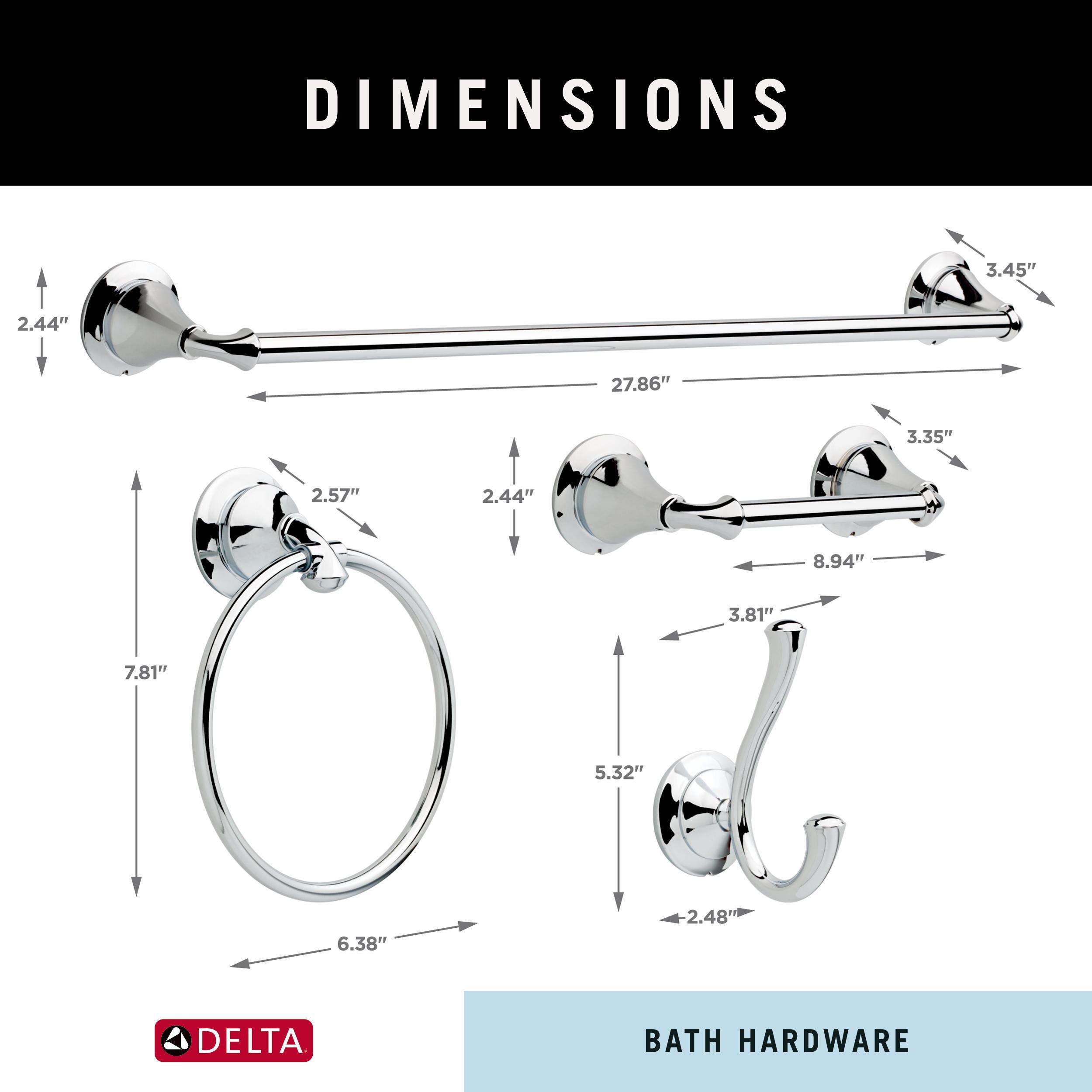 Juego de accesorios decorativos para baño de 4 piezas en cromo pulido Delta Linden - Barra de toalla, portarrollos, argolla para toalla, gancho para batas incluidos LIN64-PC-VK