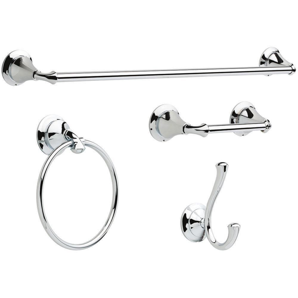 Juego de accesorios decorativos para baño de 4 piezas en cromo pulido Delta Linden - Barra de toalla, portarrollos, argolla para toalla, gancho para batas incluidos LIN64-PC-VK