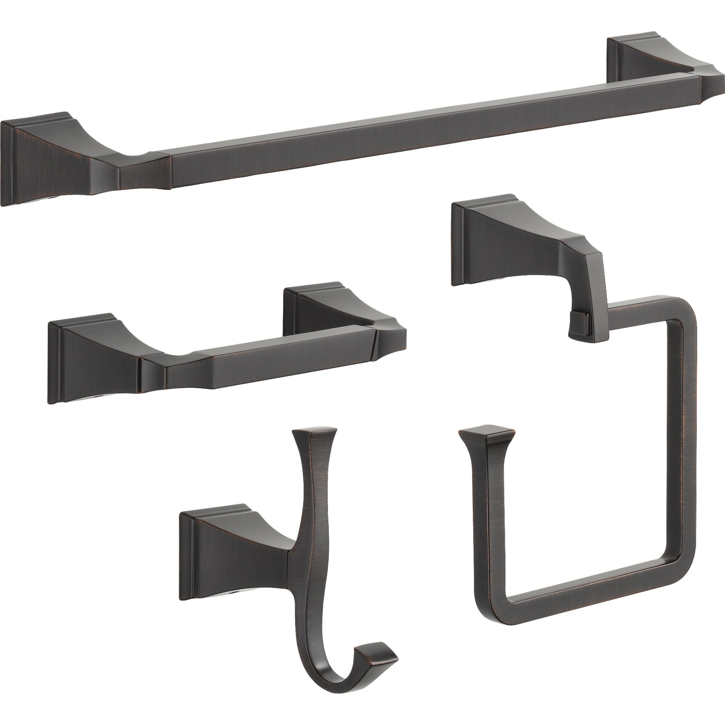 Set de accesorios de baño decorativos Delta Dryden de 4 piezas en bronce veneciano: barra de toalla, porta papel higiénico, argolla para toalla, gancho para batas incluido DRY63-VBR-K4