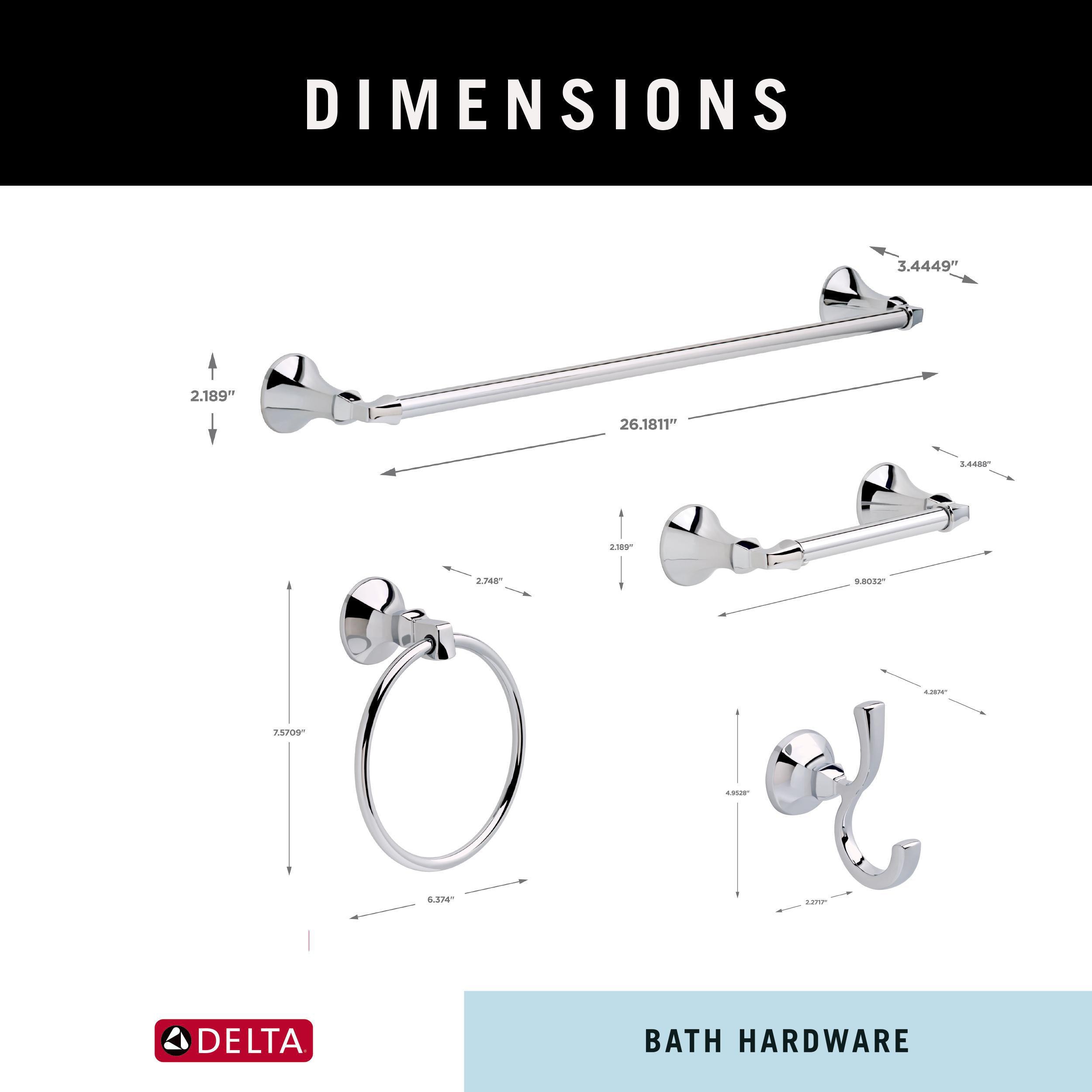 Juego de accesorios para baño con acabado cromado pulido Ashlyn de 4 piezas Delta: Barra para toallas, porta papel higiénico, argolla para toallas y gancho para batas incluidos ALY64-PC-VK.