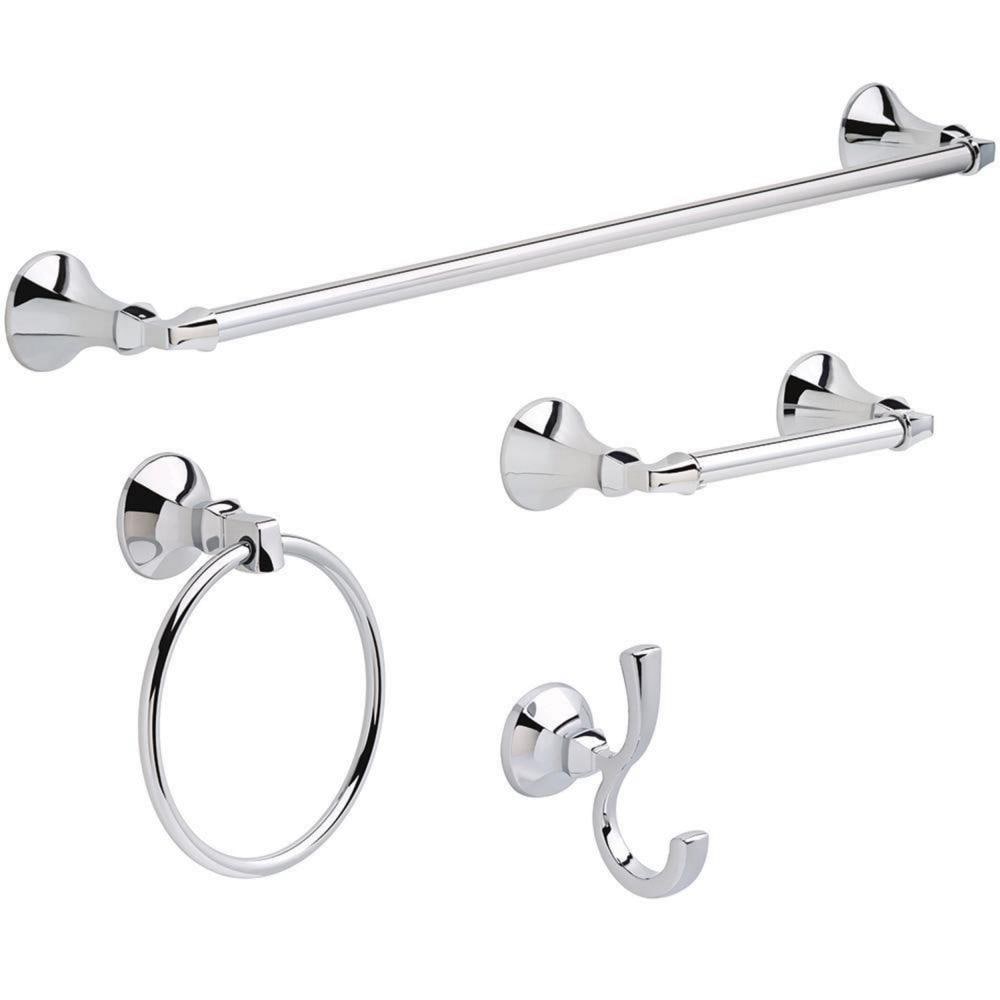 Juego de accesorios para baño con acabado cromado pulido Ashlyn de 4 piezas Delta: Barra para toallas, porta papel higiénico, argolla para toallas y gancho para batas incluidos ALY64-PC-VK.