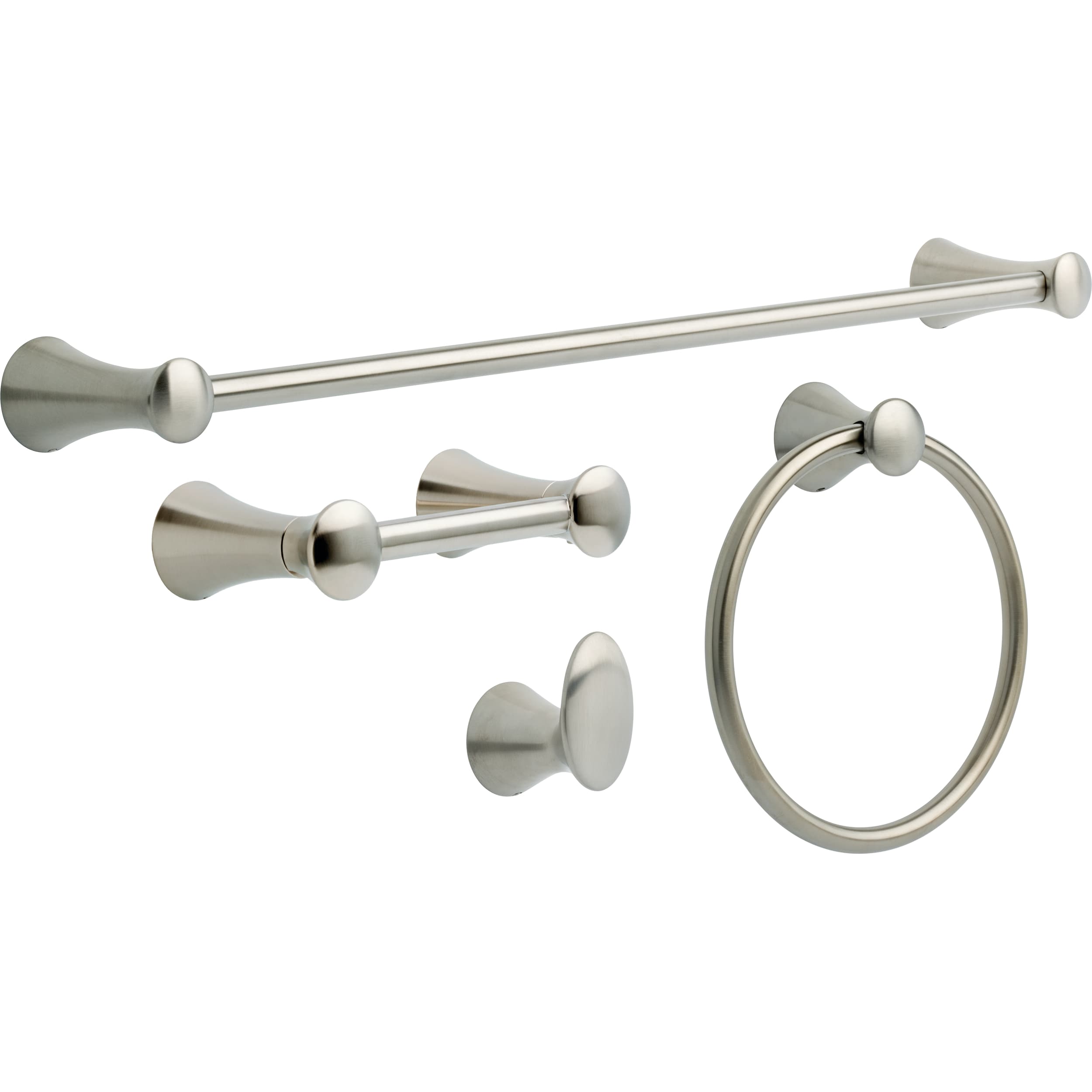 Juego de accesorios decorativos para baño de acero inoxidable Lahara de 4 piezas de Delta: Barra de toallas, soporte para papel higiénico, anillo para toallas y gancho para batas incluidos LAH64-SS-VK