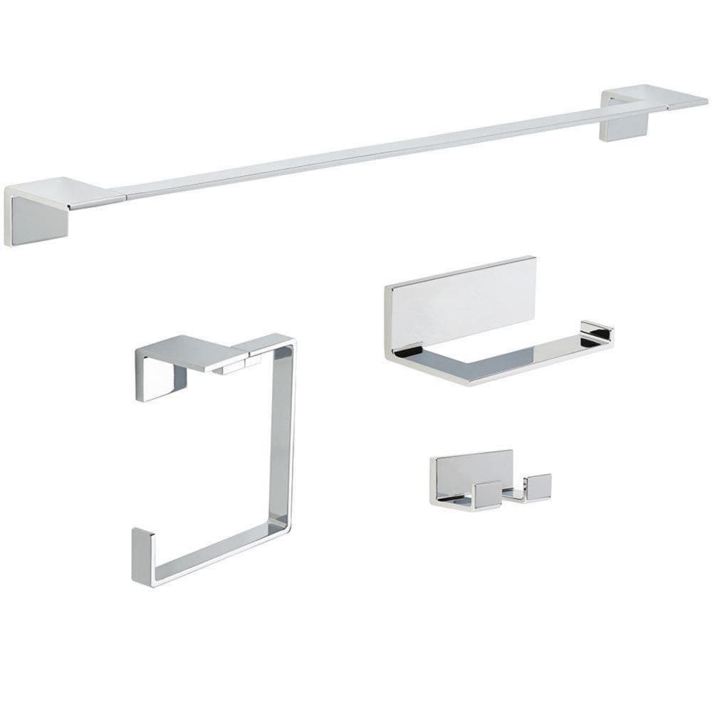 Juego de accesorios de baño decorativos en cromo pulido de 4 piezas Vero Delta: Barra para toallas, porta papel higiénico, argolla para toallas y gancho para batas incluidos VER64-PC-VK