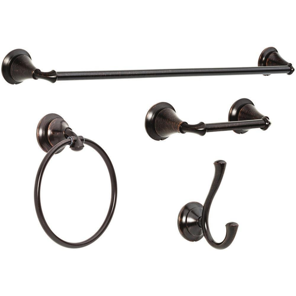 Juego de accesorios de baño decorativos Delta 4 piezas en bronce veneciano Linden - Barra para toallas, porta papel higiénico, anillo para toallas, gancho para batas incluidos LIN64-VBR-VK