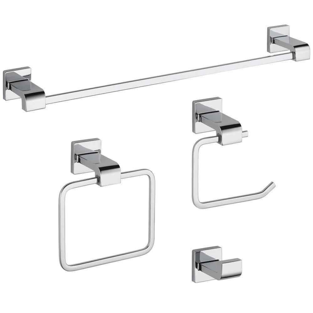 Juego de Accesorios de Baño Decorativos en Cromo Pulido Delta de 4 Piezas: Barra de Toallas, Portarrollos, Argolla para Toalla y Gancho para Batas Incluidos ARA64-PC-VK