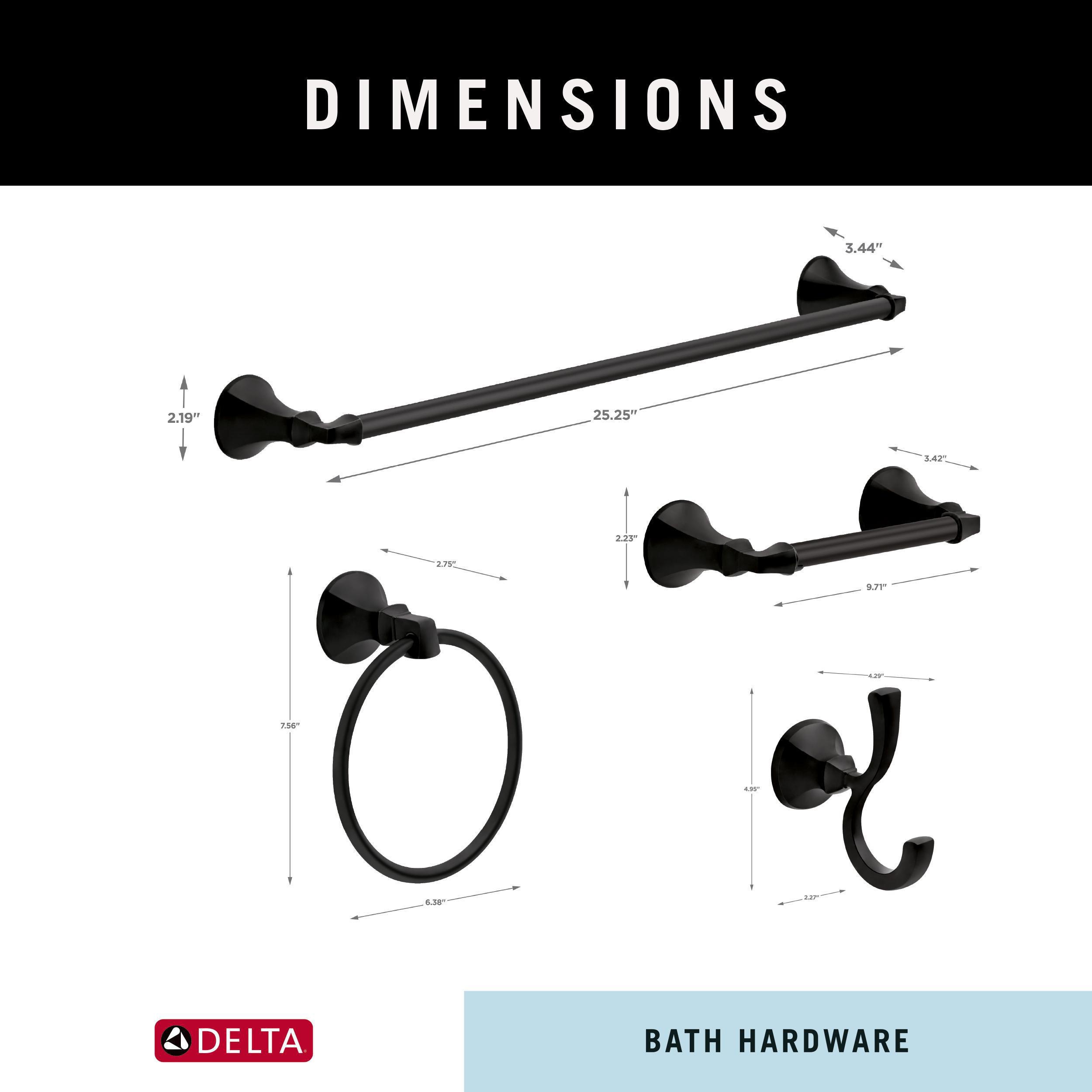 Juego de accesorios de baño decorativos en negro mate Ashlyn de 4 piezas Delta: Barra para toallas, portarrollos de papel, argolla para toallas y gancho para batas incluido ALY64-MB-VK
