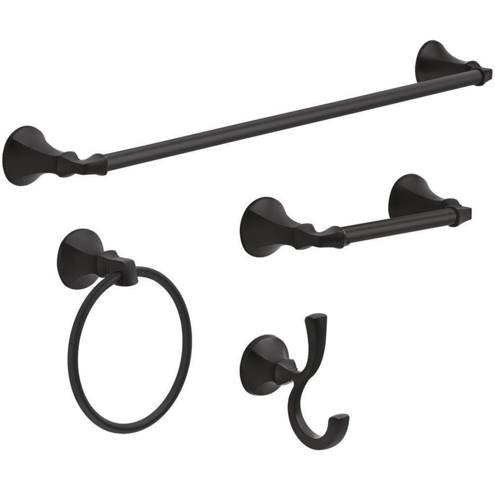 Juego de accesorios de baño decorativos en negro mate Ashlyn de 4 piezas Delta: Barra para toallas, portarrollos de papel, argolla para toallas y gancho para batas incluido ALY64-MB-VK