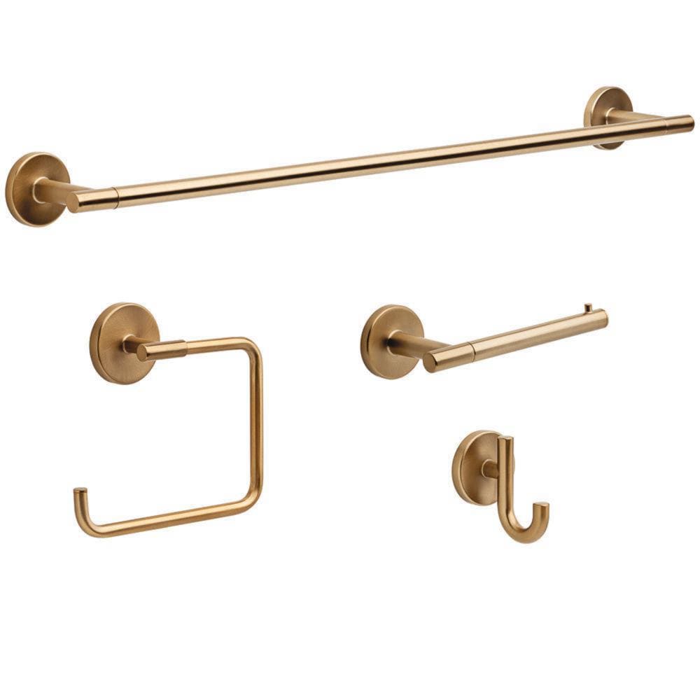 Set de accesorios para baño en acabado Champagne Bronze Trinsic de 4 piezas de Delta: Barra para toallas, portarrollos de papel higiénico, anillo para toallas, gancho para batas incluido TRN64-CZ-VK.