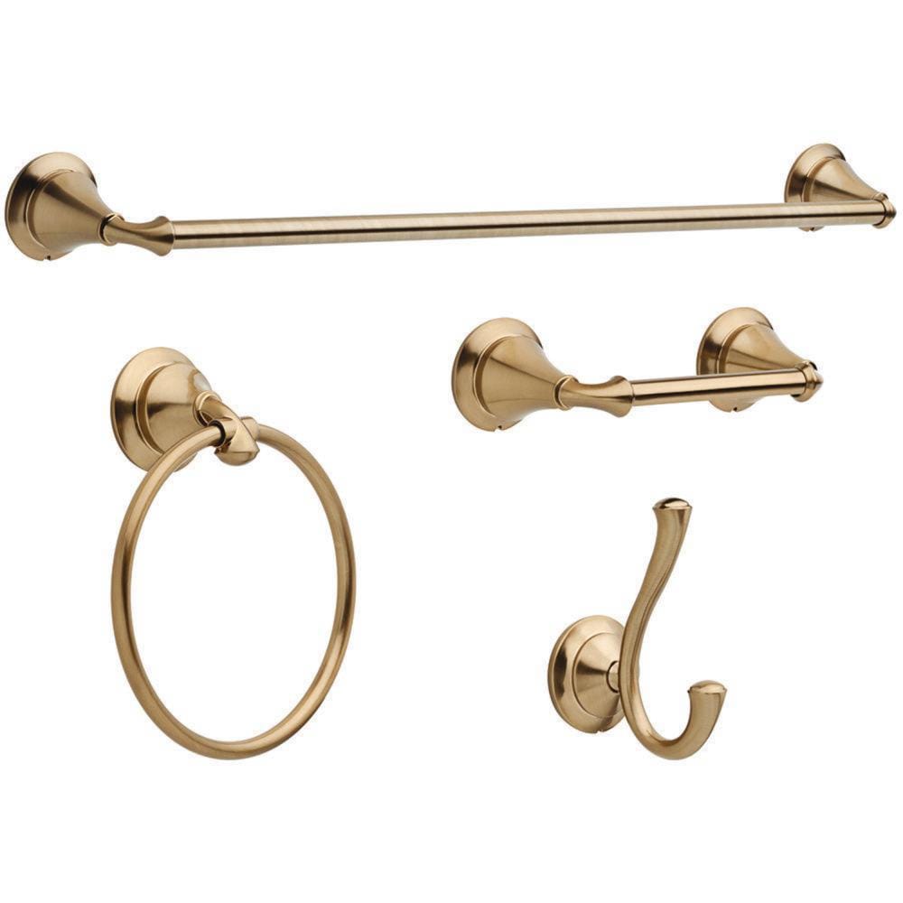 Juego de accesorios decorativos para baño en color bronce champagne Delta de 4 piezas - Barra de toalla, porta papel higiénico, argolla para toalla y gancho para bata incluidos LIN64-CZ-VK