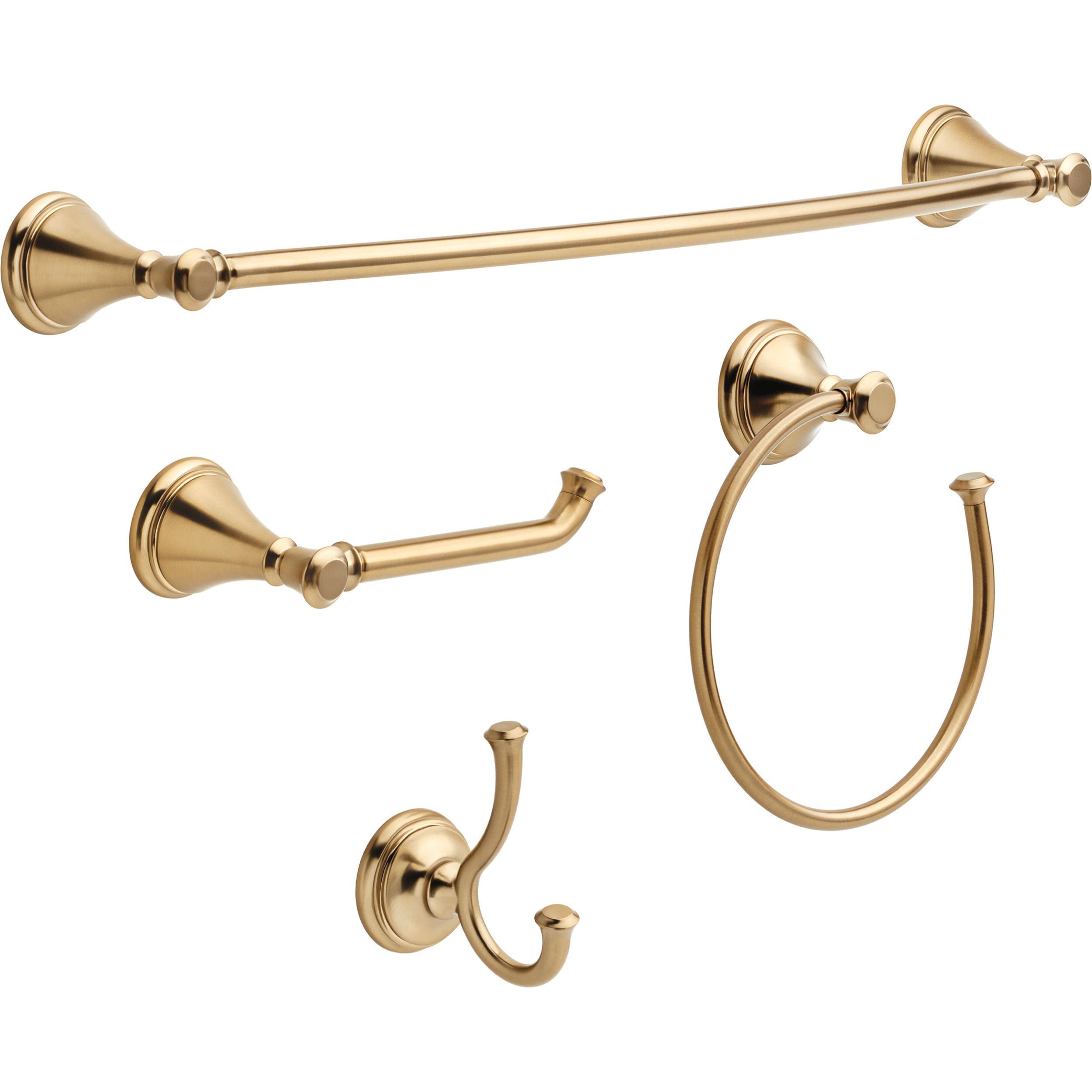 Juego de accesorios de baño decorativos en bronce champán Delta Cassidy de 4 piezas: barra de toalla, portarrollos, argolla para toalla, gancho para batas incluido CSS63-CZ-K4