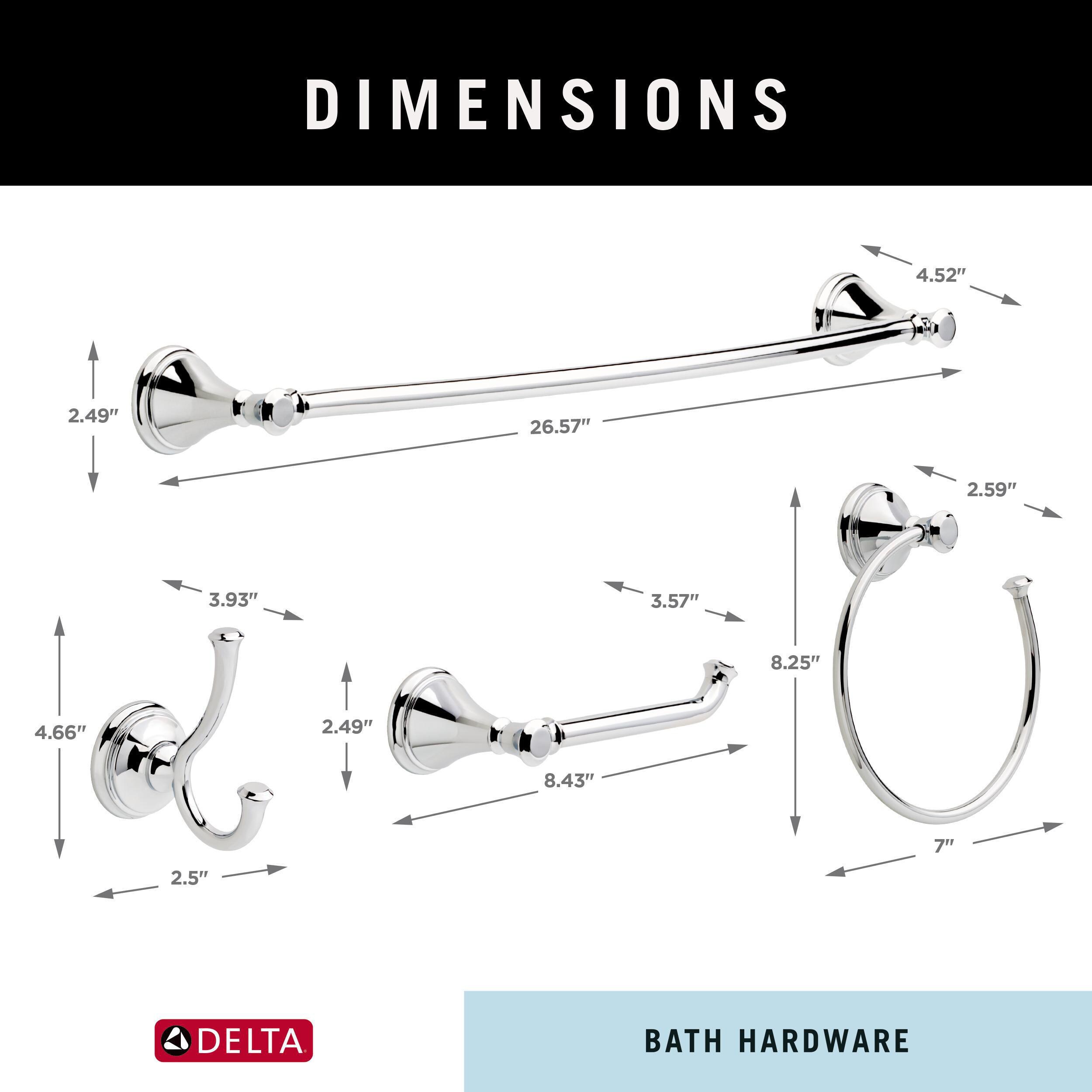 Juego de accesorios de baño decorativos de cromo pulido Delta Cassidy de 4 piezas: Barra para toallas, Porta papel higiénico, Anillo para toallas y Gancho para batas incluidos CSS63-PC-K4