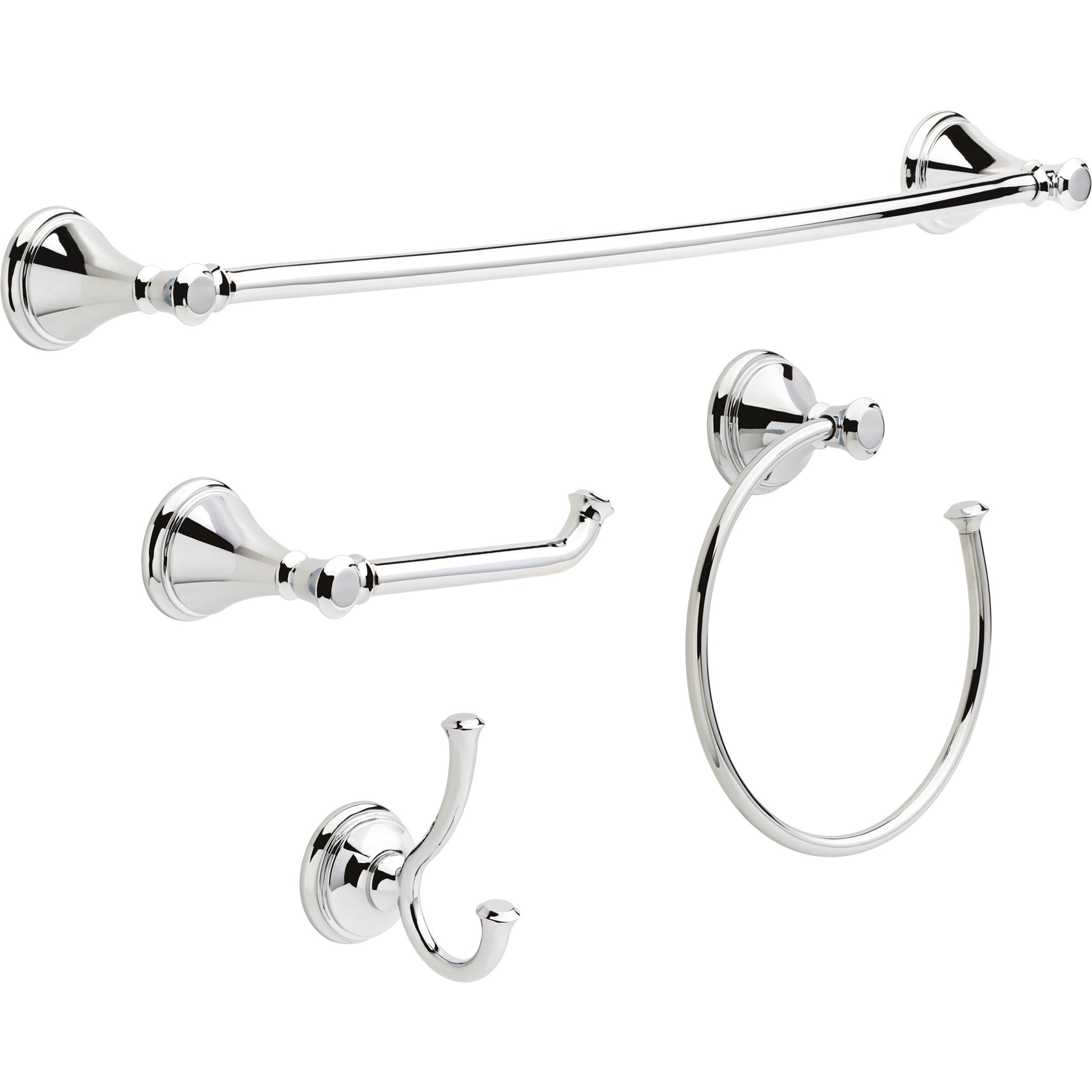 Juego de accesorios de baño decorativos de cromo pulido Delta Cassidy de 4 piezas: Barra para toallas, Porta papel higiénico, Anillo para toallas y Gancho para batas incluidos CSS63-PC-K4