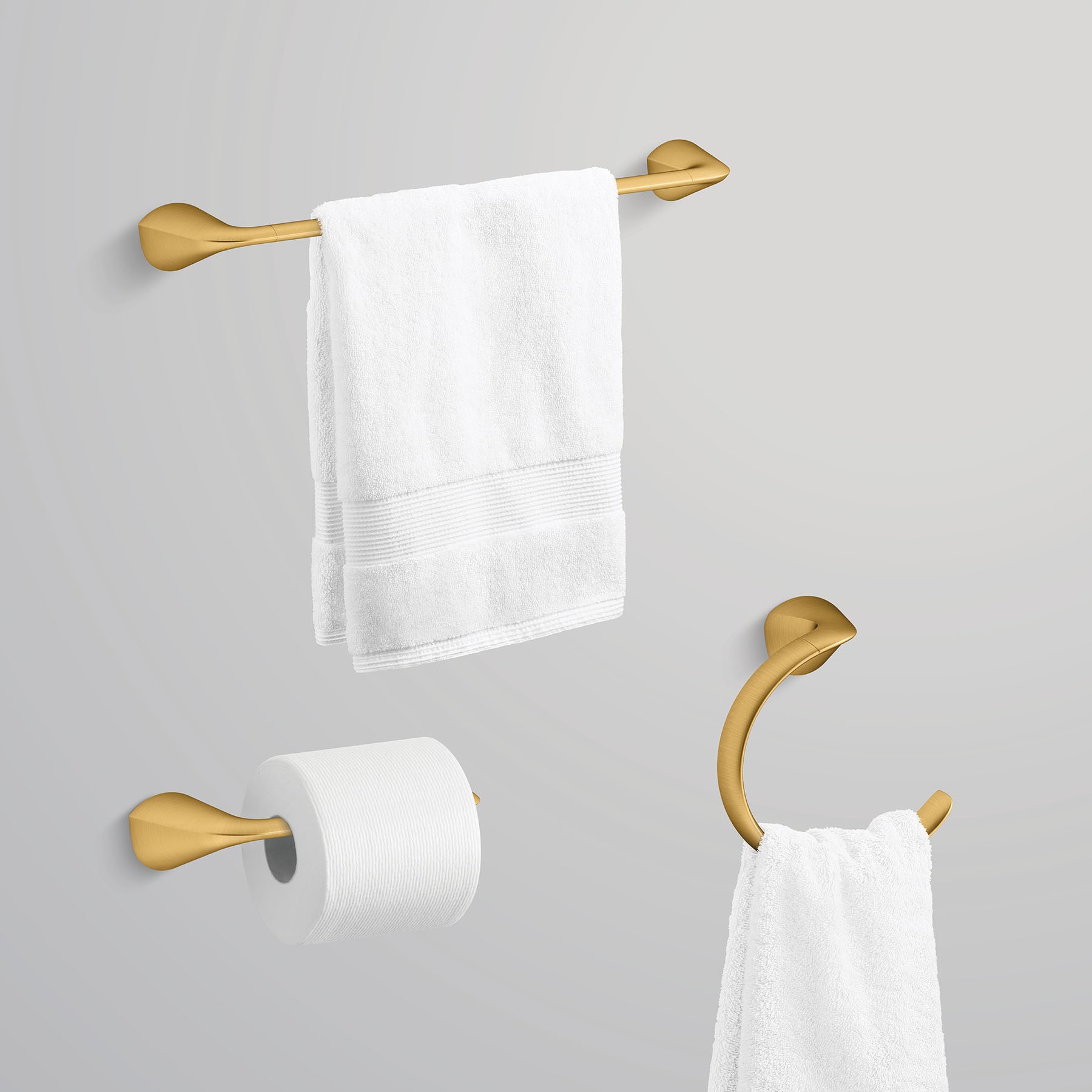 Juego de Accesorios Decorativos para Baño de 3 Piezas Avail en Latón Moderno Cepillado Vibrante de KOHLER – Incluye Barra de Toalla, Porta Papel y Argolla de Toalla (R31186-2MB)