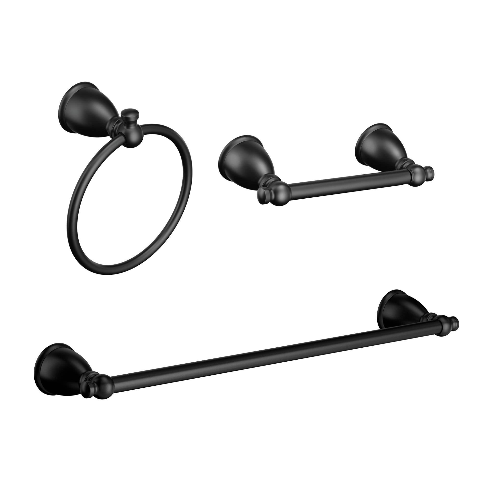 Juego de accesorios de baño decorativo en mate negro Moen Caldwell de 3 piezas - Barra de toalla, portarrollos de papel higiénico, anillo de toalla incluidos Y3193BL.