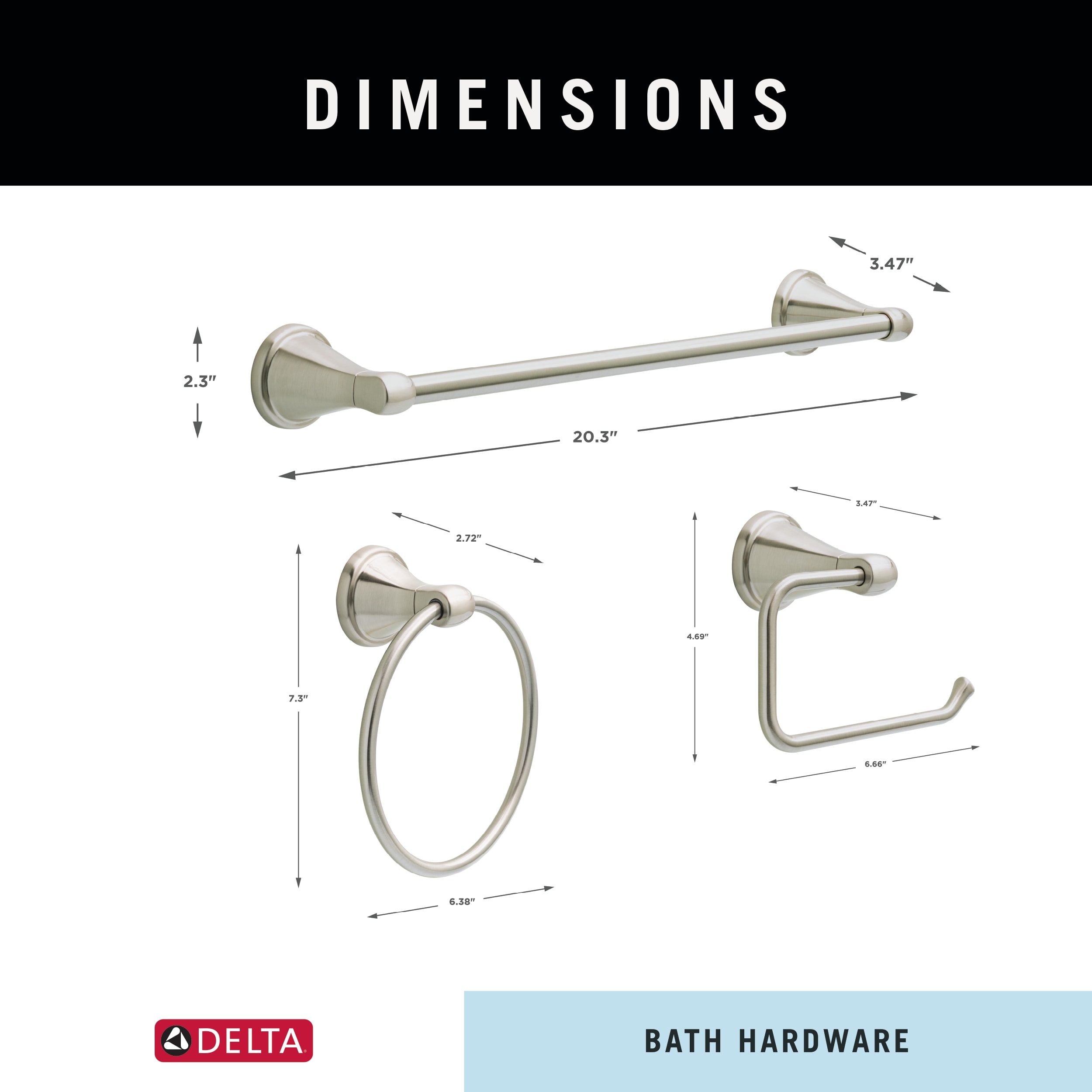 Juego de 3 piezas de accesorios de baño decorativos en níquel cepillado de la serie Becker de Delta con protección contra manchas. Incluye barra para toallas, porta papel higiénico y argolla para toallas BCK63-DN.